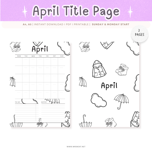 April title page with calendar design and weather-themed illustrations on a purple background.