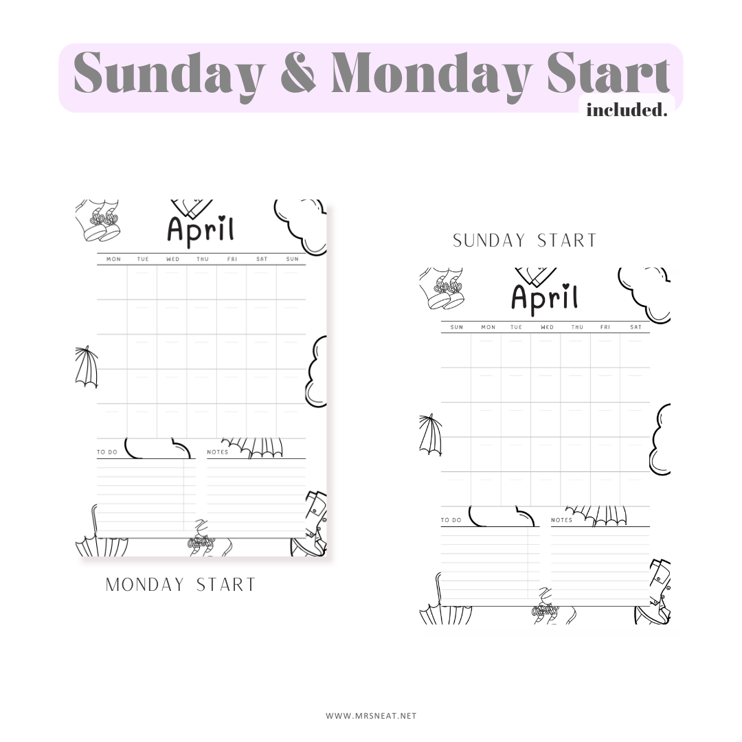 Two calendar designs for April with 'Sunday & Monday Start' text on a white background.