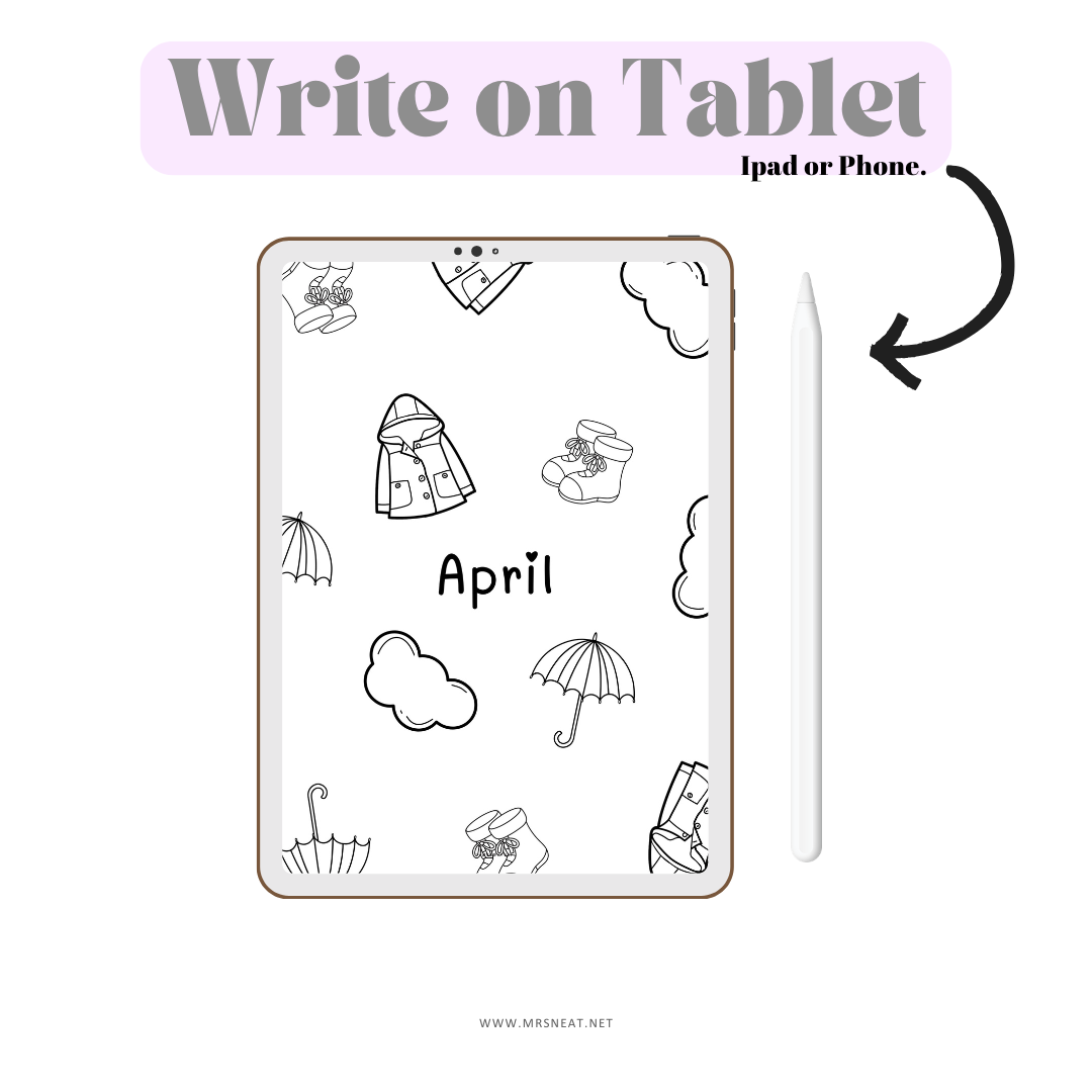 Digital tablet with weather-themed icons and the word 'April' on a white background.