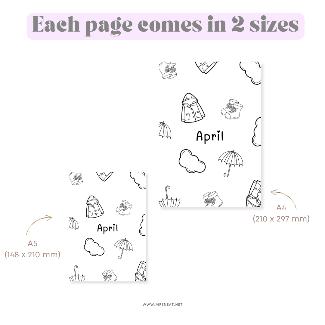 Illustrations of April showers on a white background with text indicating two page sizes.