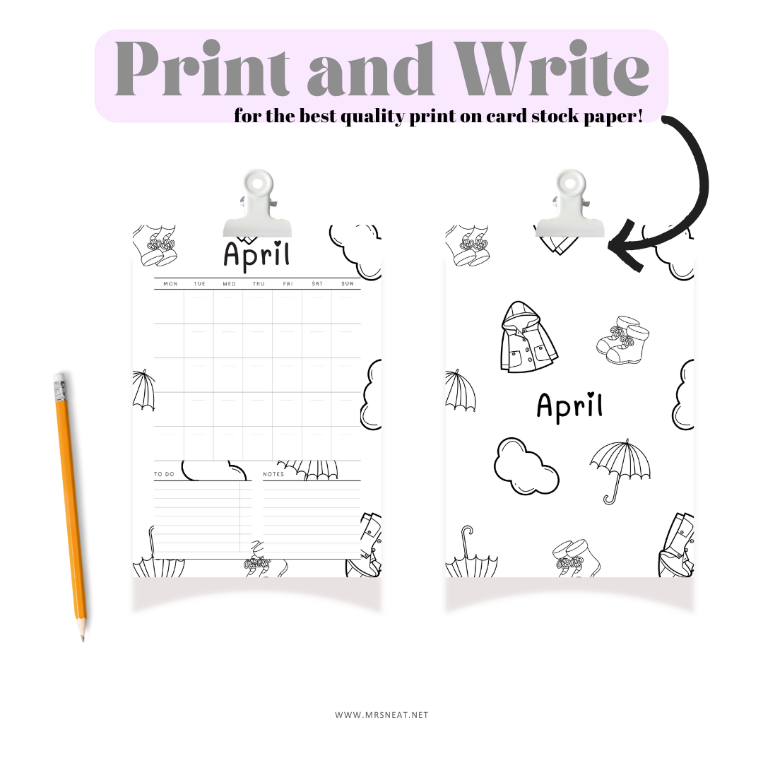 Printable April calendar with weather-themed illustrations and a pencil on a white background.