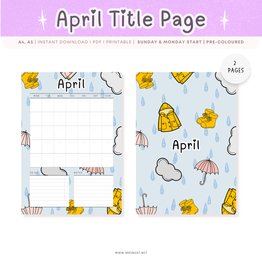 April title page with weather-themed design on a purple background