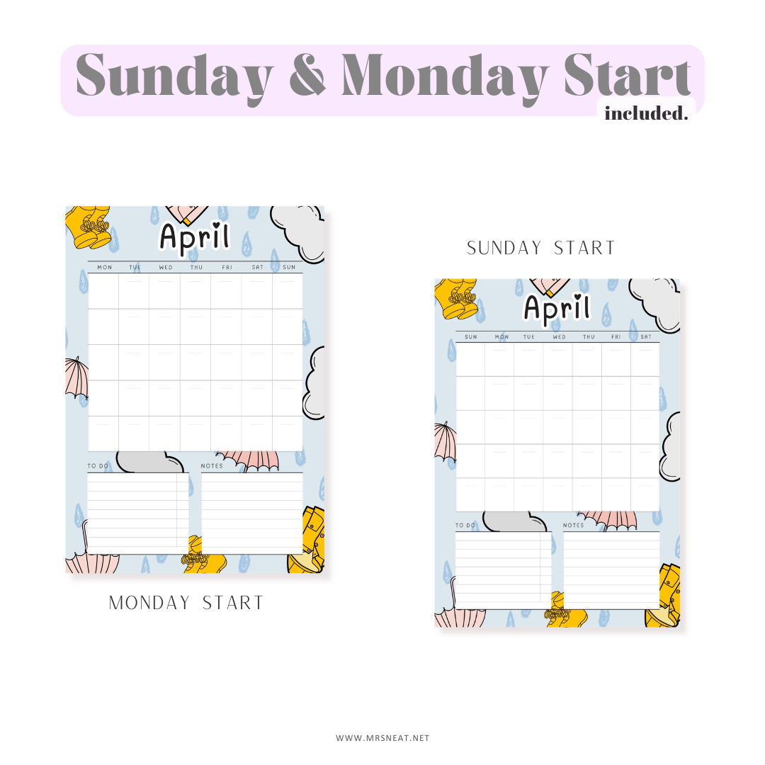 Two calendar designs with April 2023 on a white background, featuring cartoon cloud and sun illustrations.