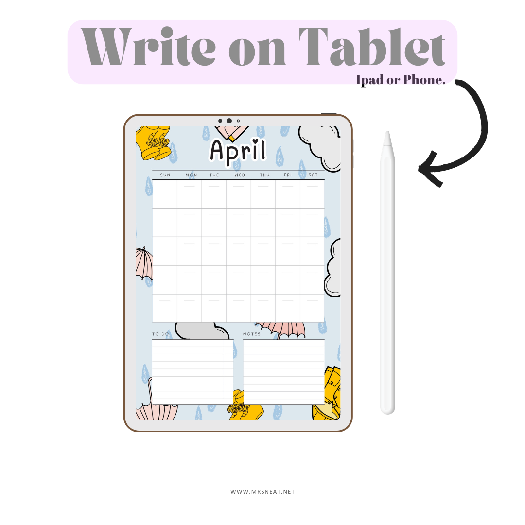 Tablet with a calendar app on a white background, featuring a pen and text 'Write on Tablet'.