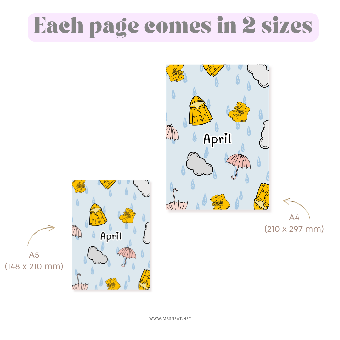 Two sizes of a product with 'April' text and raindrop design on a white background.