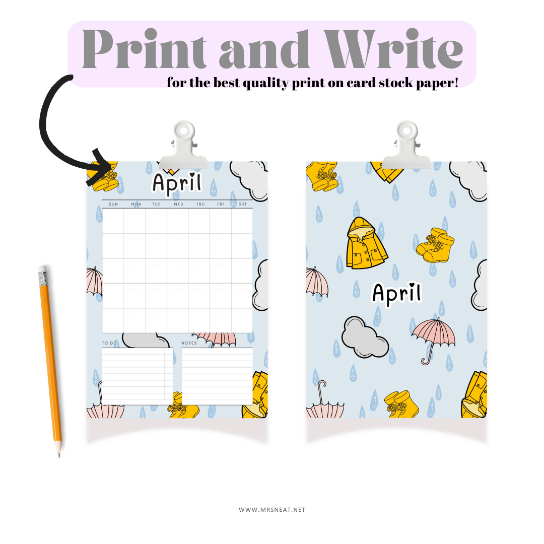 April calendar print with cartoon rain elements on card stock paper, displayed with a pencil.