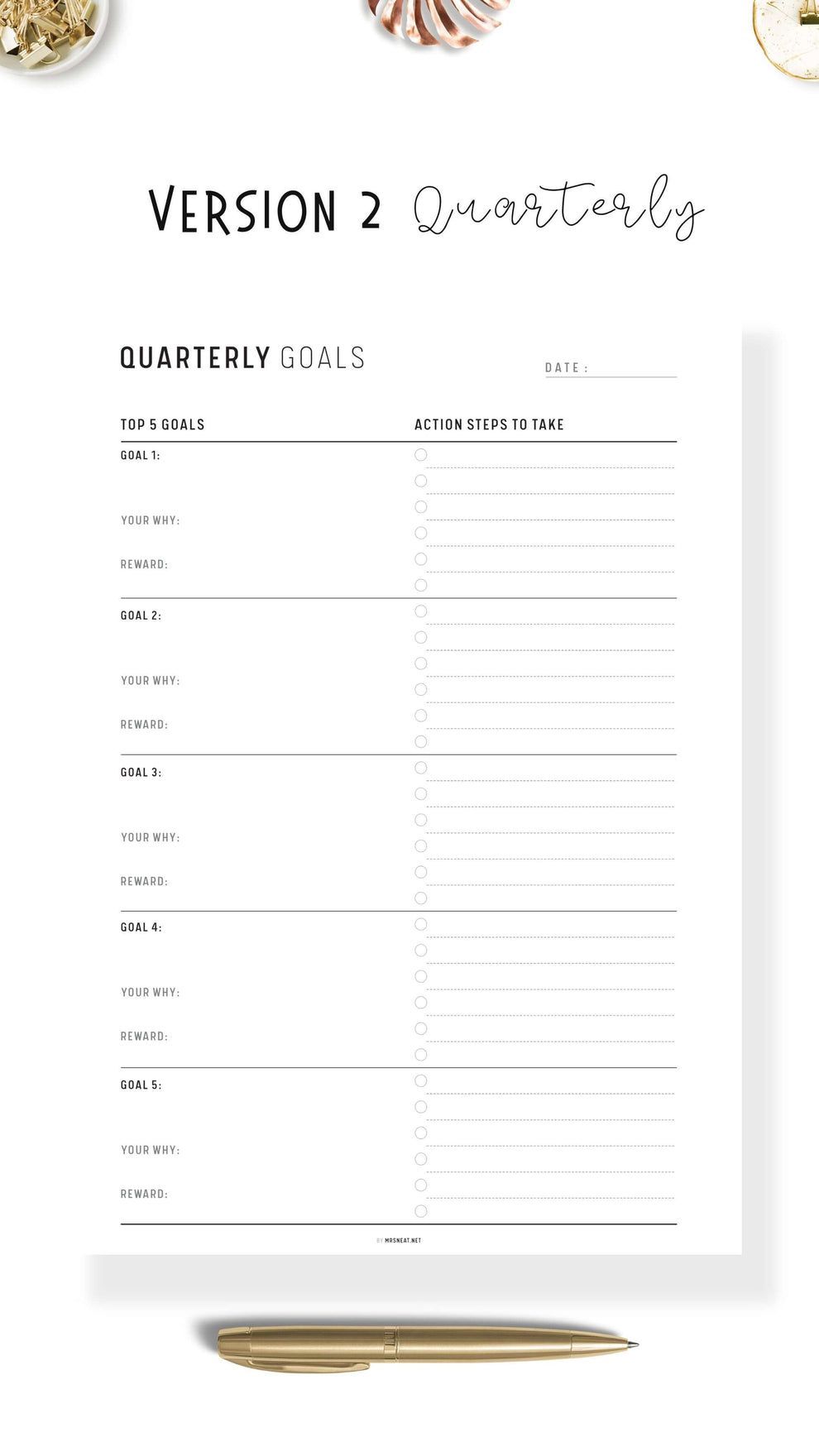 Top 5 Yearly, Quarterly, Monthly, Weekly Goals Planner - M400 – mrsneat