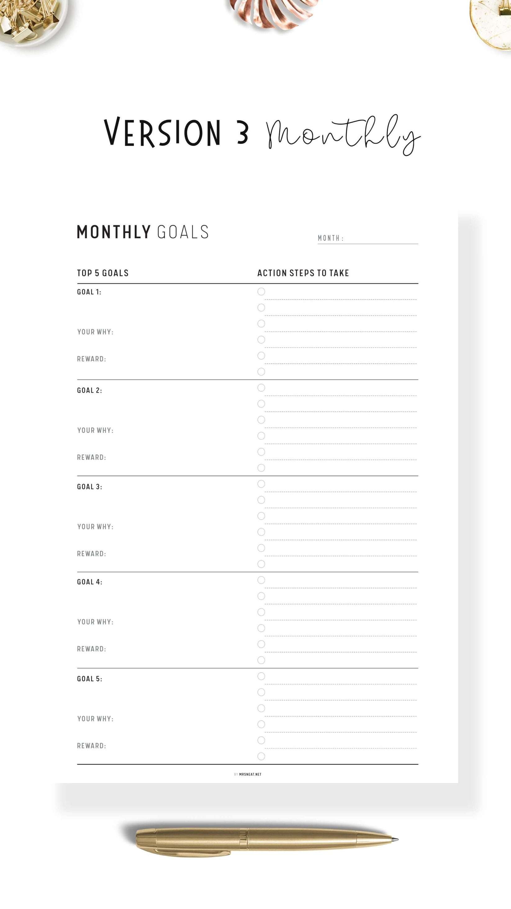 Top 5 Yearly, Quarterly, Monthly, Weekly Goals Planner - M400 – mrsneat