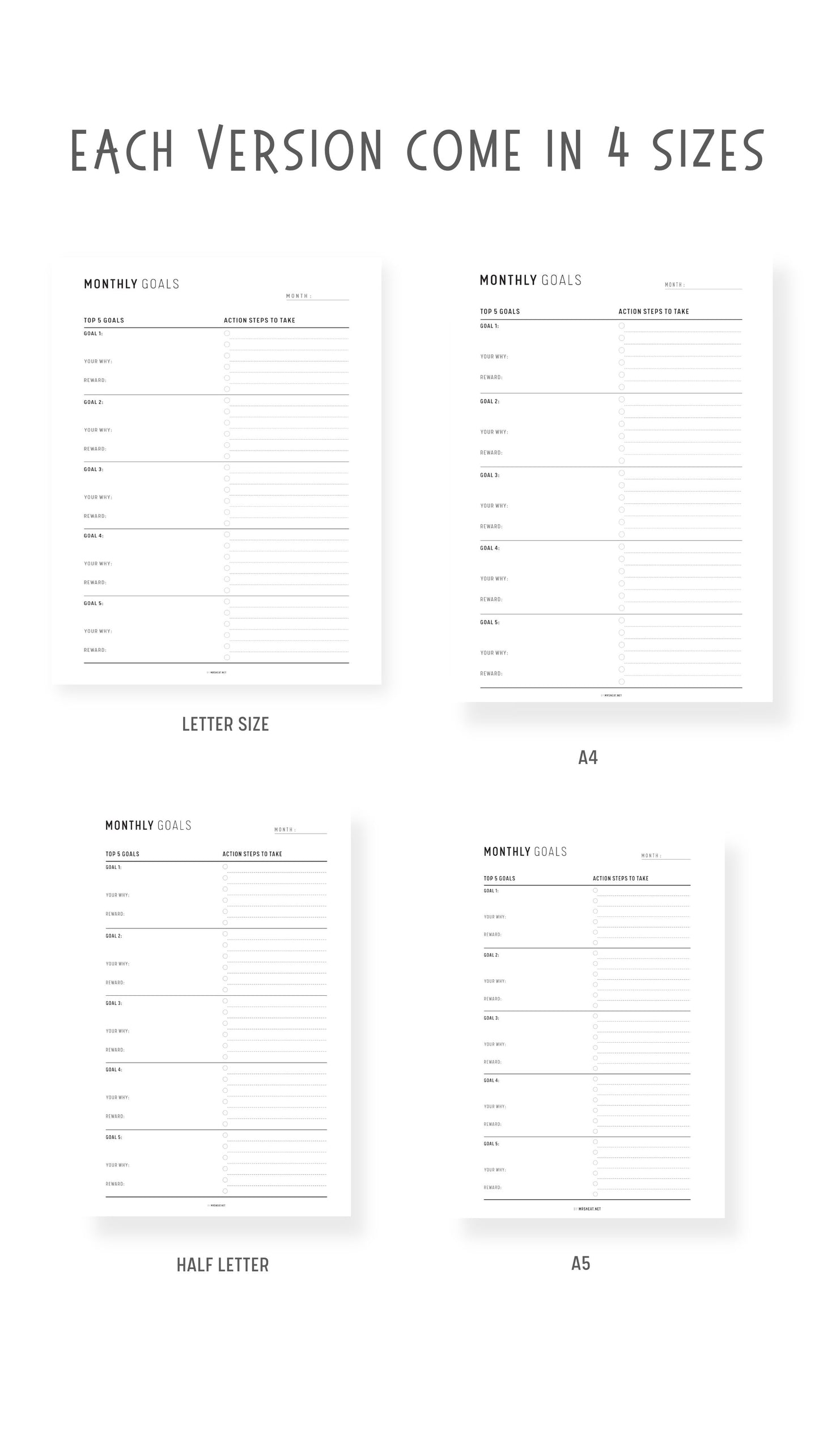 Top 5 Yearly, Quarterly, Monthly, Weekly Goals Planner Printable, Goal Setting, Goal Planning, Productivity Planner, A4/a5/letter/half, Digital Planner, Minimalist Goal Planner
