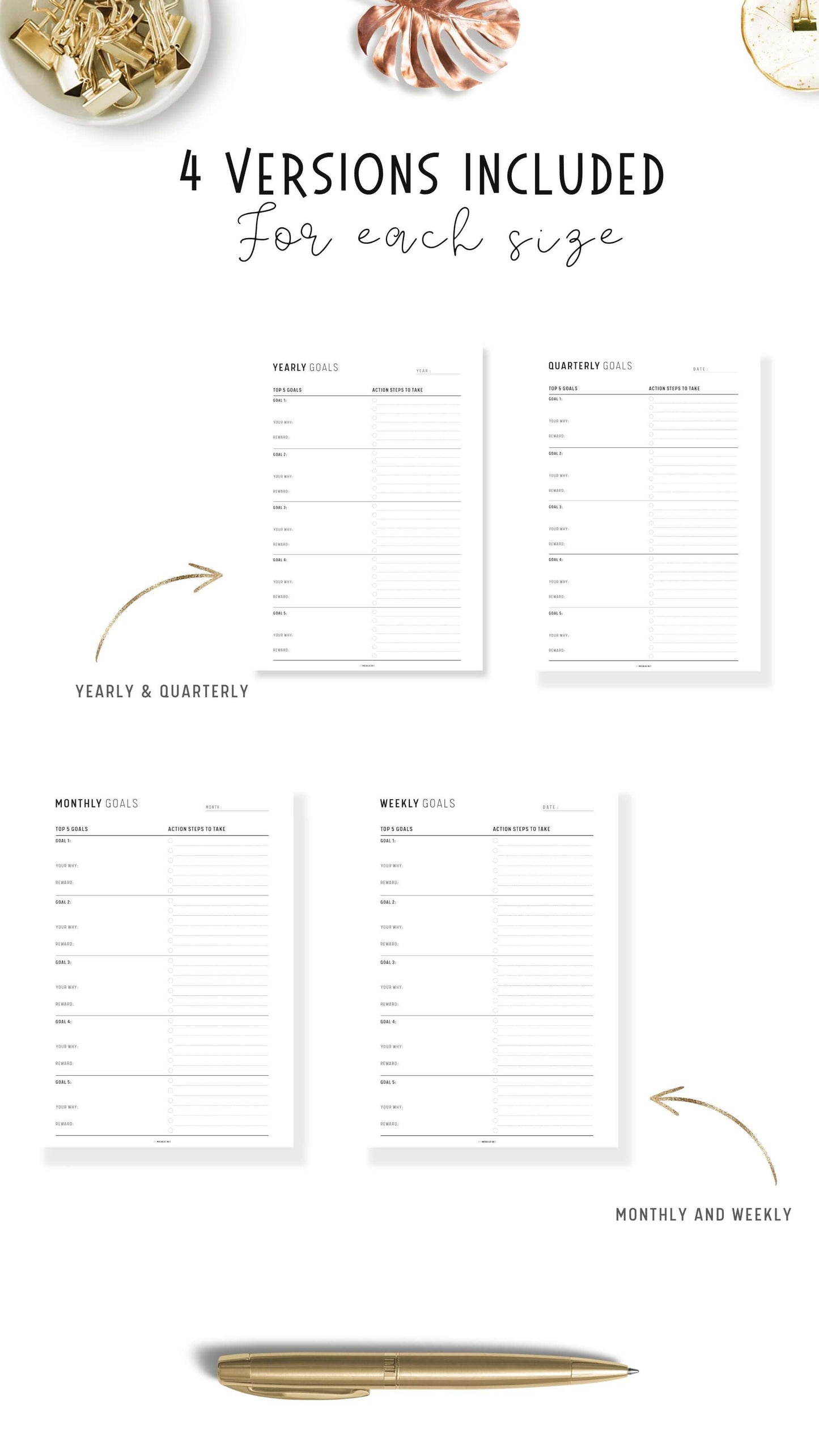 Top 5 Yearly, Quarterly, Monthly, Weekly Goals Planner Printable, Goal Setting, Goal Planning, Productivity Planner, A4/a5/letter/half, Digital Planner, Minimalist Goal Planner