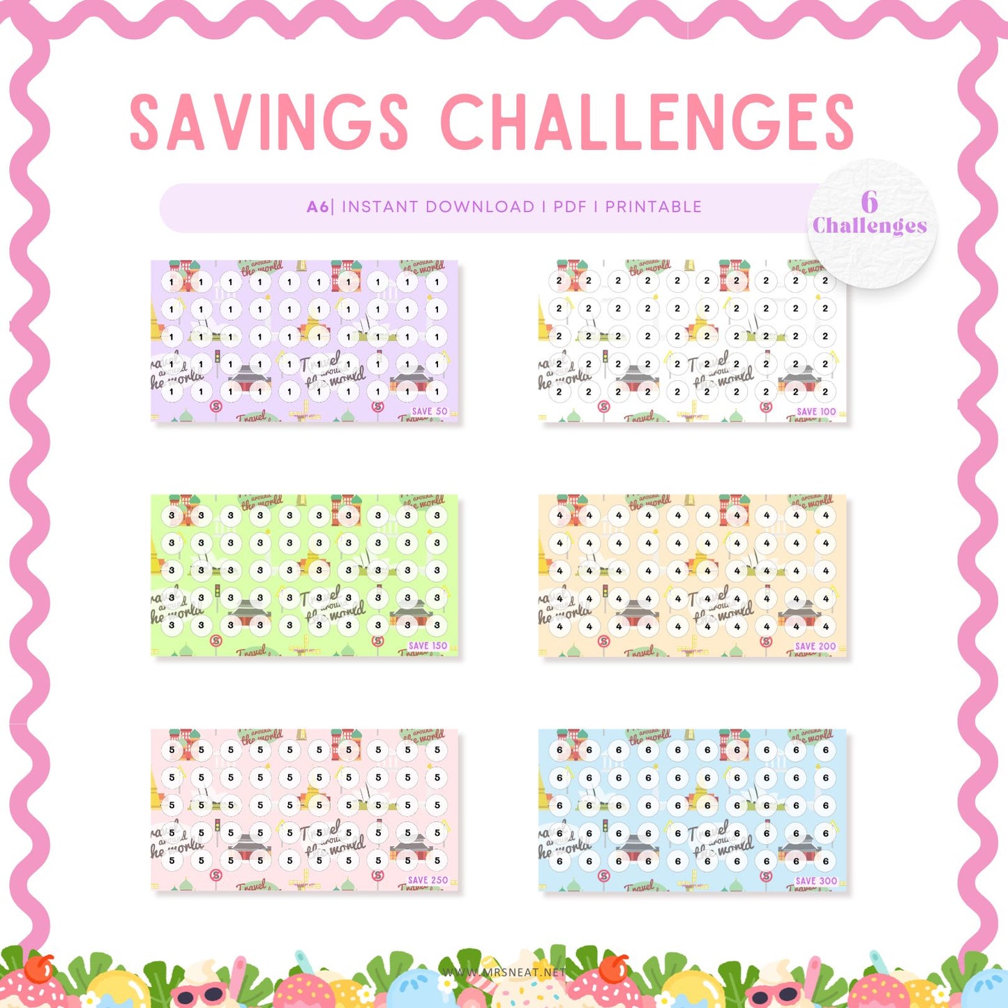 Beautiful Set of Six (Purple, White, Green, Cream, Pink and Blue) Summer Holiday Mini Savings Challenge A6 PRINTABLE (PDF) for Low Income Budget