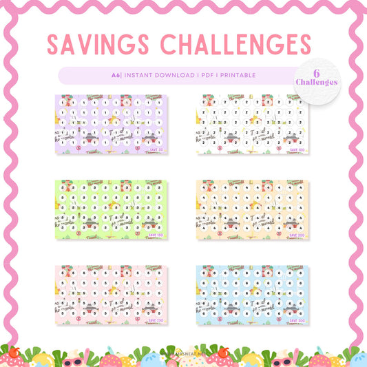 Beautiful Set of Six (Purple, White, Green, Cream, Pink and Blue) Summer Holiday Mini Savings Challenge A6 PRINTABLE (PDF) for Low Income Budget