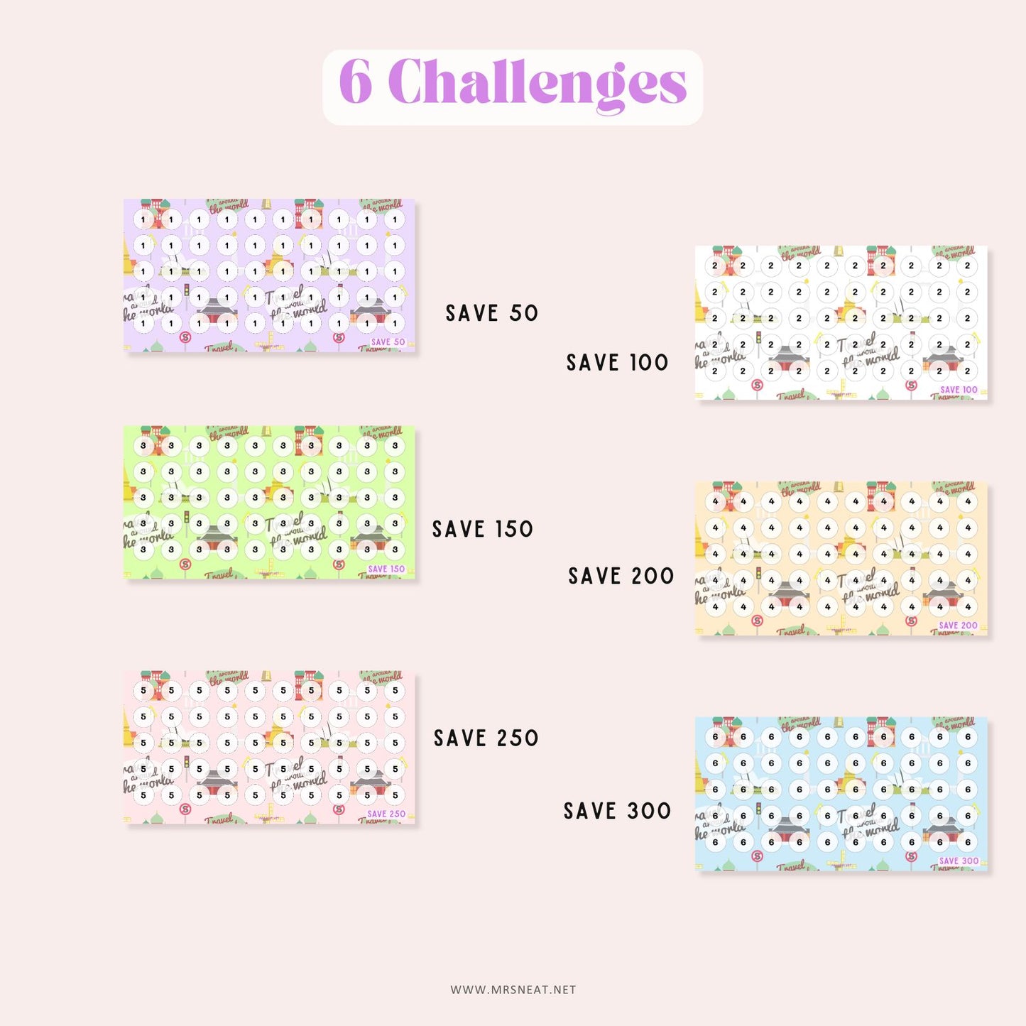 Cute Set of Six pastel (Purple, White, Green, Cream, Pink and Blue) Summer Holiday Mini Savings Challenge A6 PRINTABLE (PDF) for Low Income Savings
