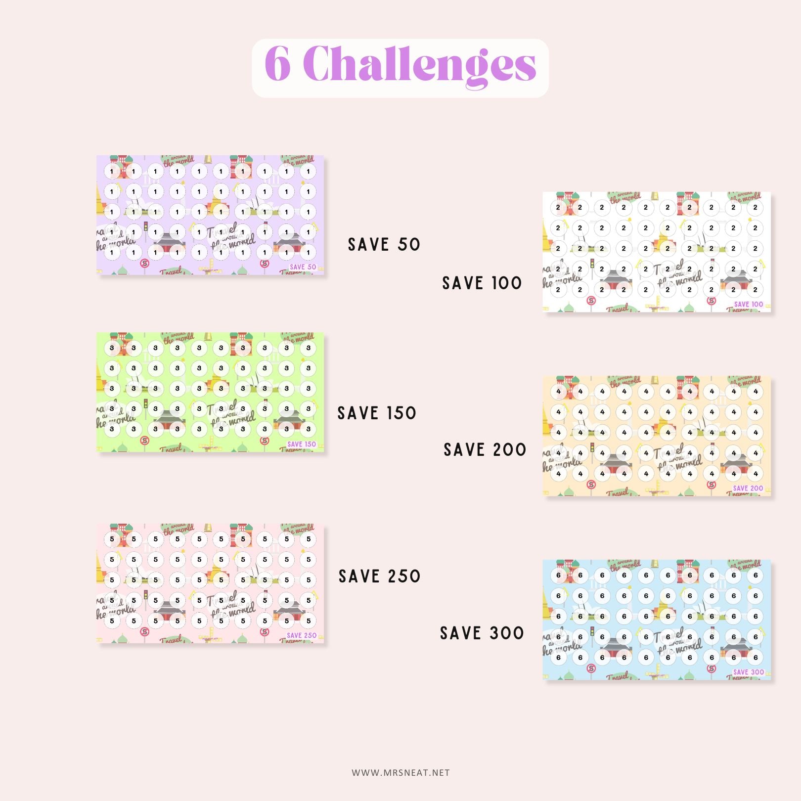 Cute Set of Six pastel (Purple, White, Green, Cream, Pink and Blue) Summer Holiday Mini Savings Challenge A6 PRINTABLE (PDF) for Low Income Savings