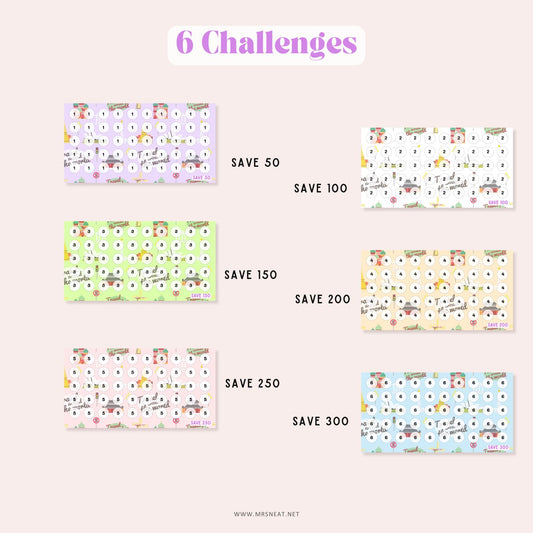 Cute Set of Six pastel (Purple, White, Green, Cream, Pink and Blue) Summer Holiday Mini Savings Challenge A6 PRINTABLE (PDF) for Low Income Savings
