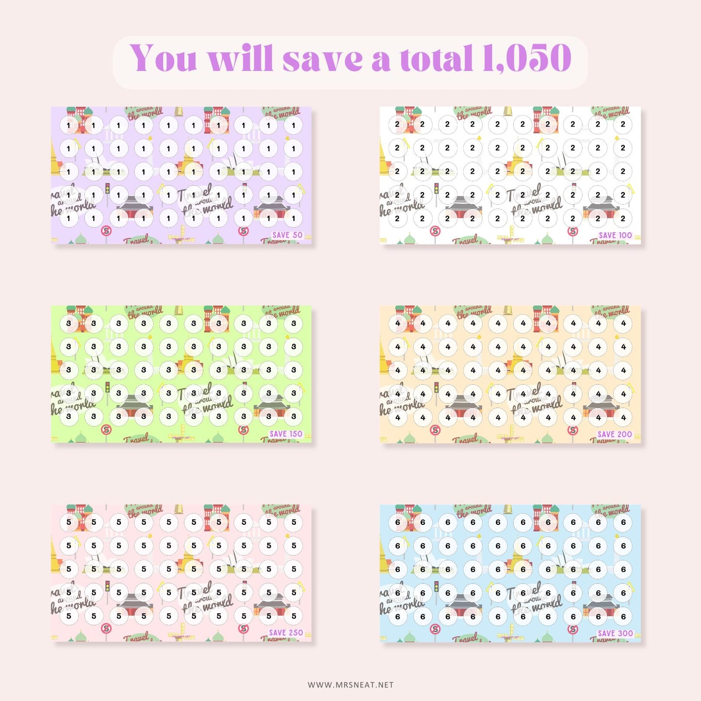 Colorful Set of Six pastel (Purple, White, Green, Cream, Pink and Blue) Summer Holiday Mini Savings Challenge A6 PRINTABLE (PDF) for Low Income Savings