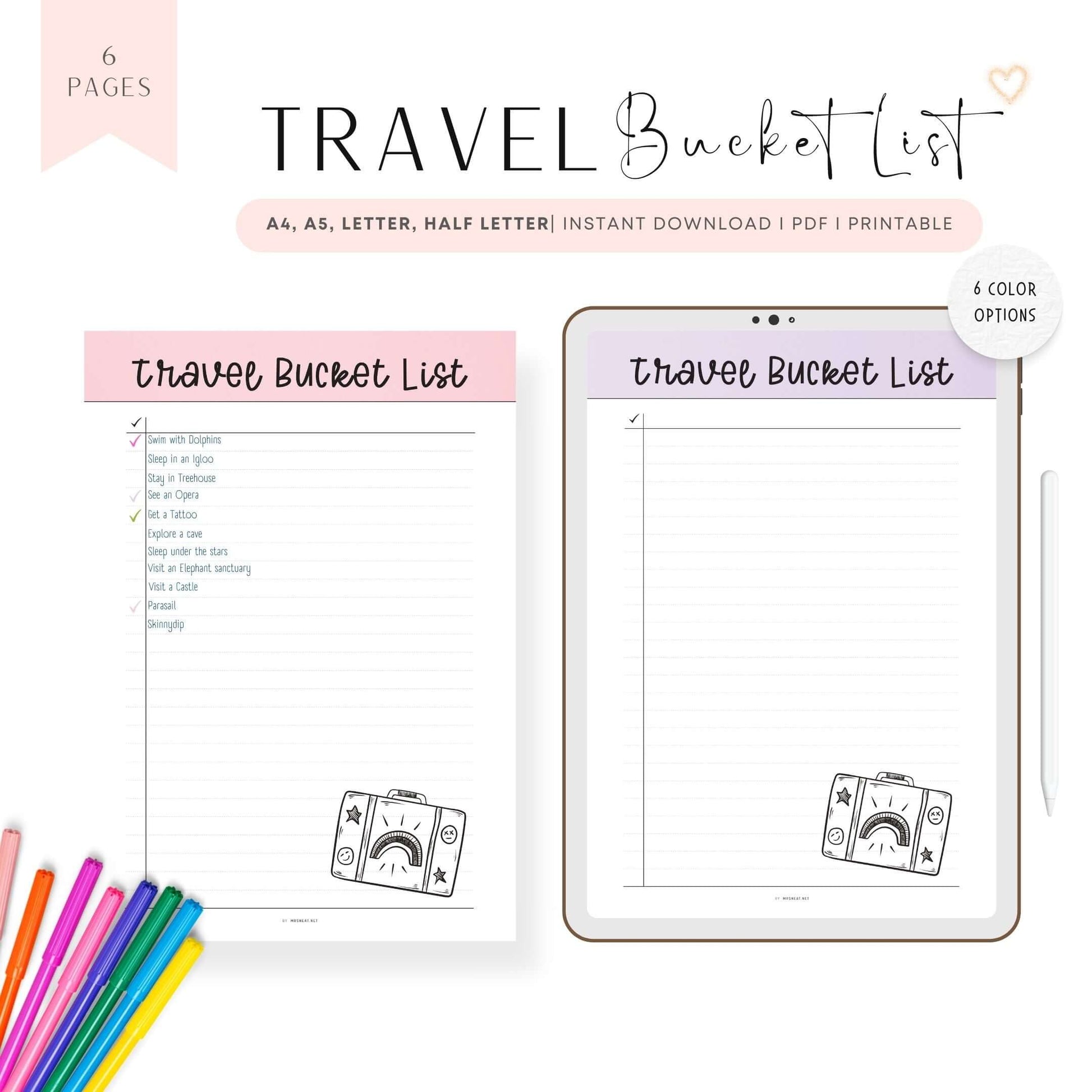 Colorful Travel Bucket List Template Printable