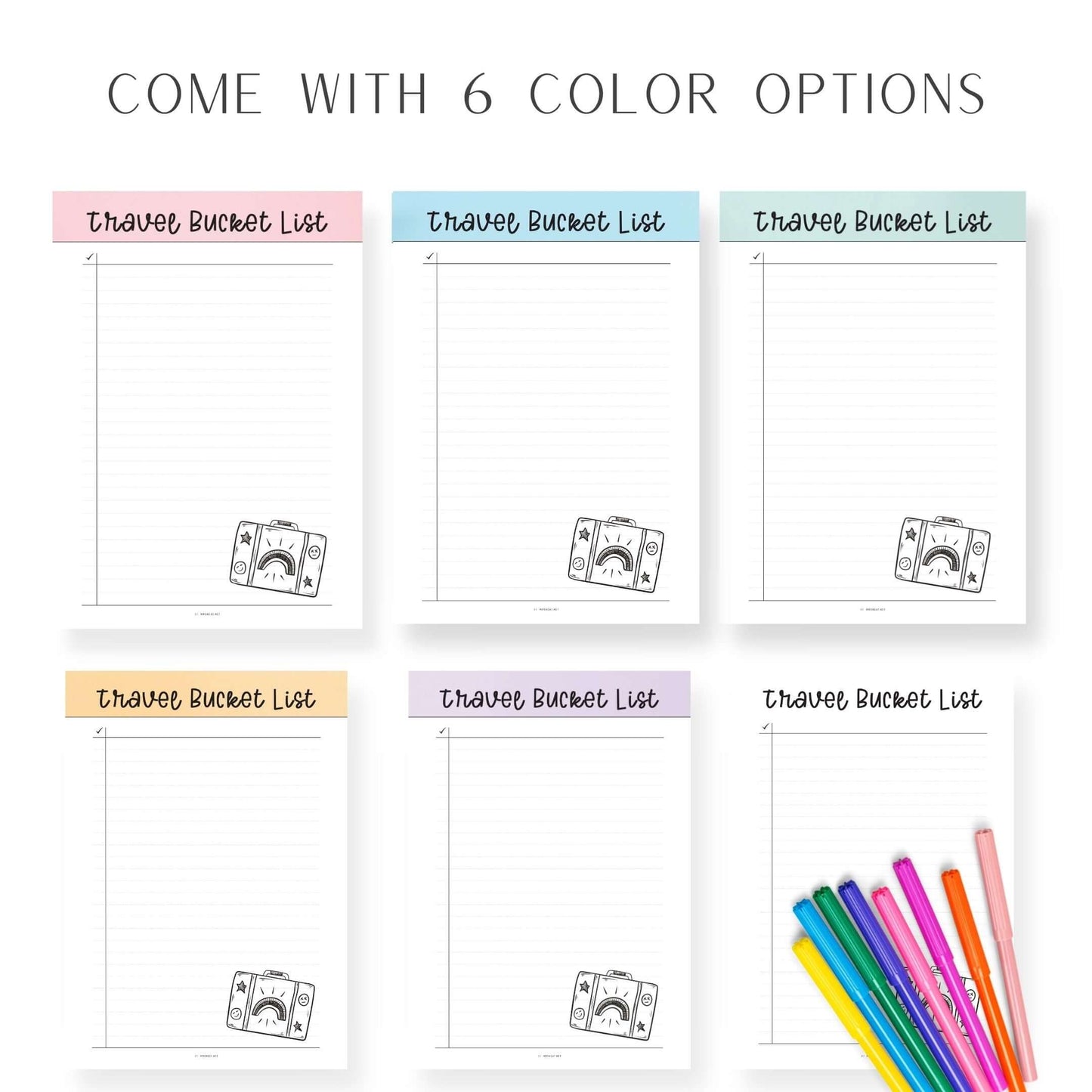 6 colors Travel Bucket List Template Printable