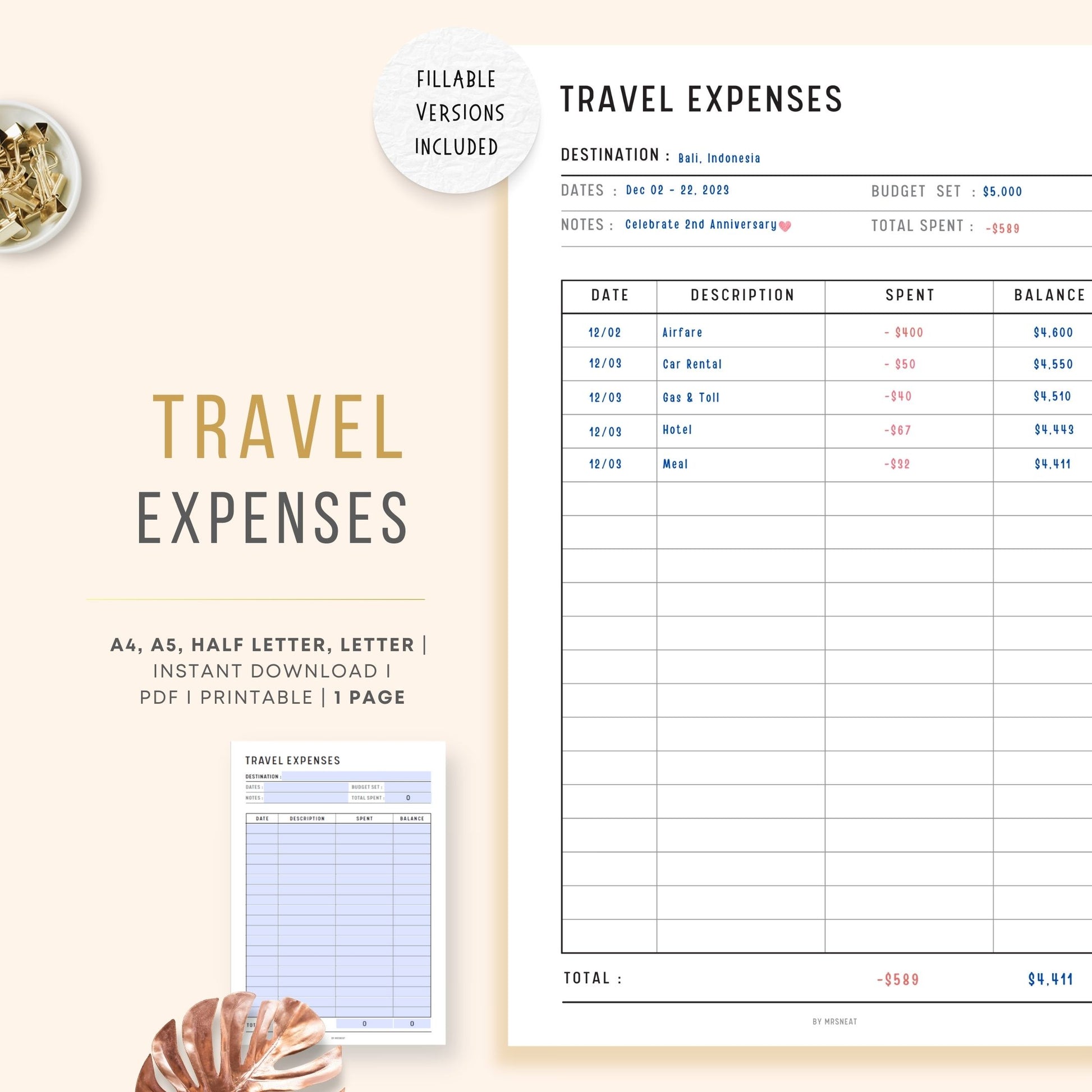 Travel Expenses Tracker Template Printable, A4, A5, Letter, Half Letter, Fillable version included