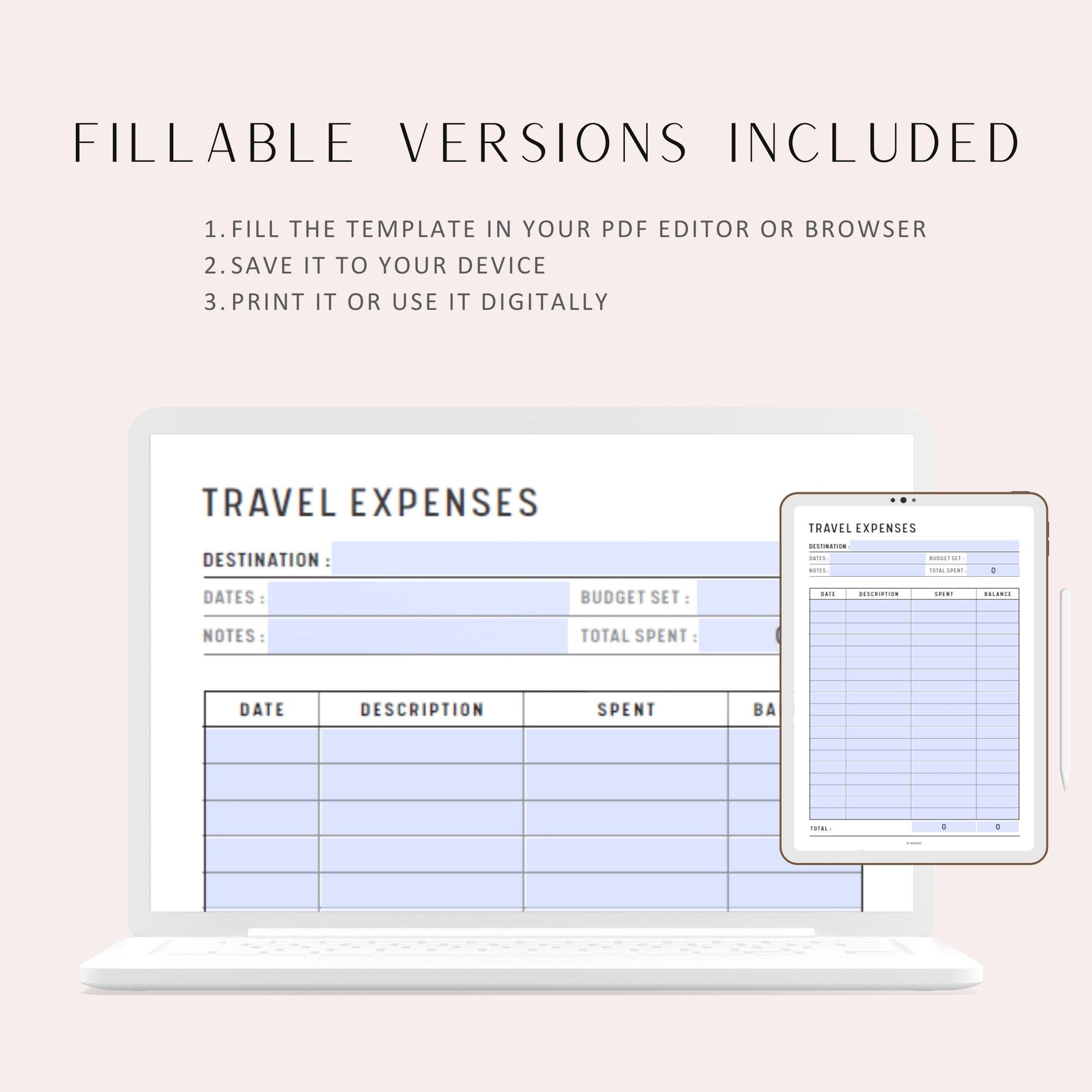 Travel Expenses Tracker Template Printable, A4, A5, Letter, Half Letter, Fillable version included