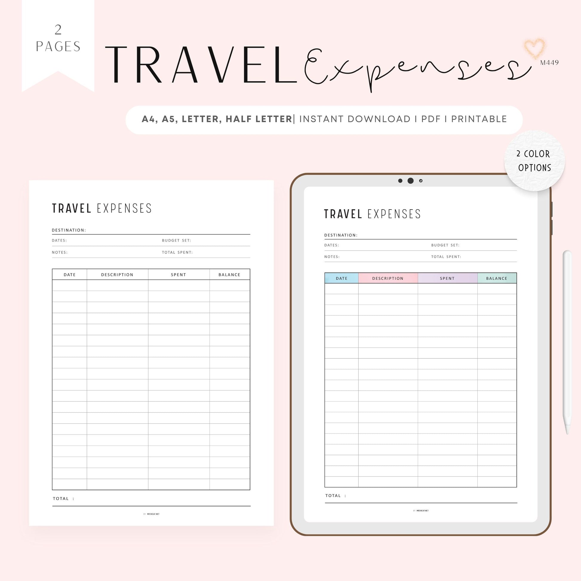 Travel Expense Tracker, Printable, A4, A5, Letter, Half Letter, Digital Planner, 2 Colors