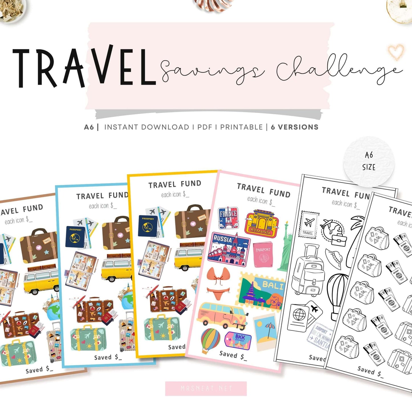 Travel Fund Savings Challenge, Printable, A6, Colorful, PDF