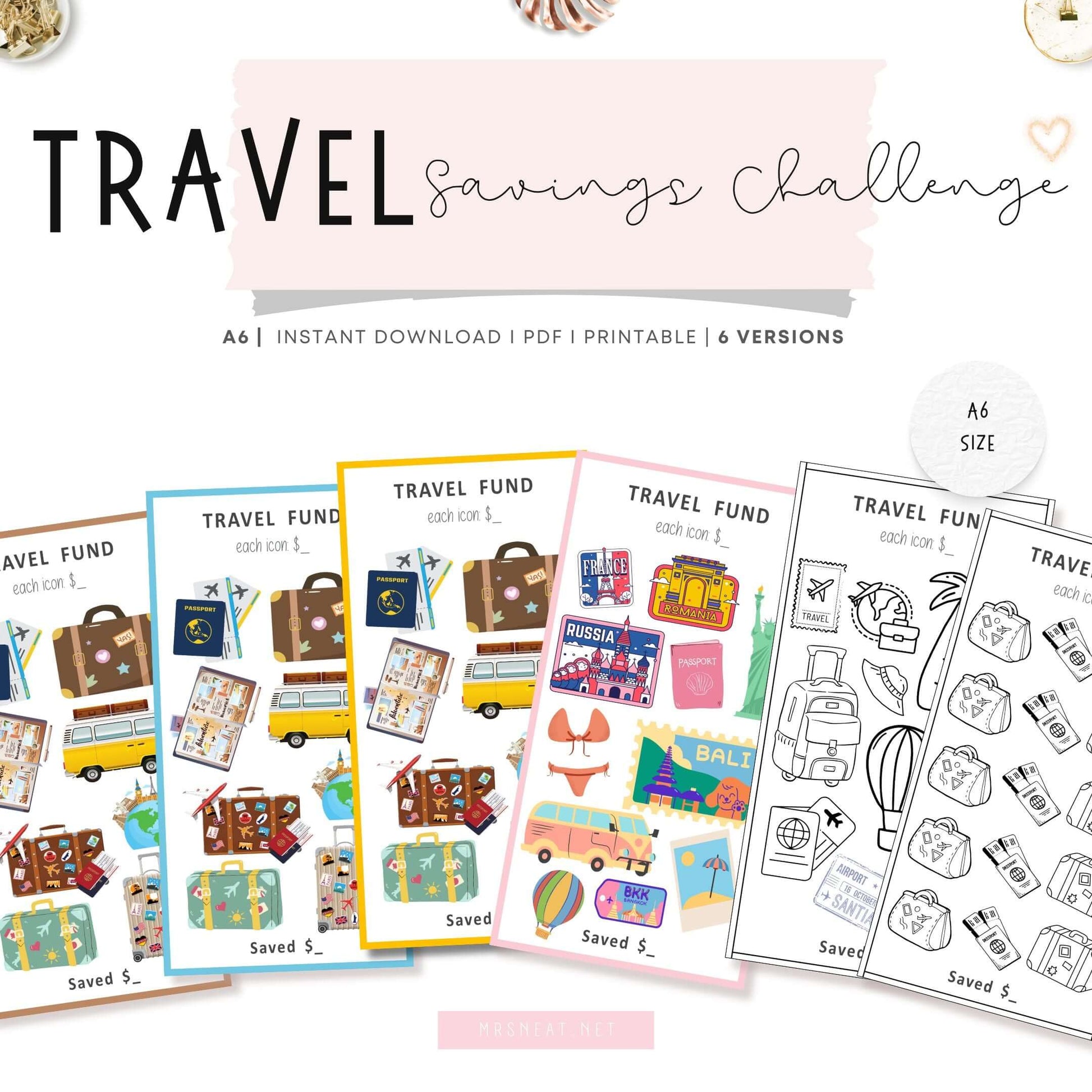 Travel Fund Savings Challenge, Printable, A6, Colorful, PDF