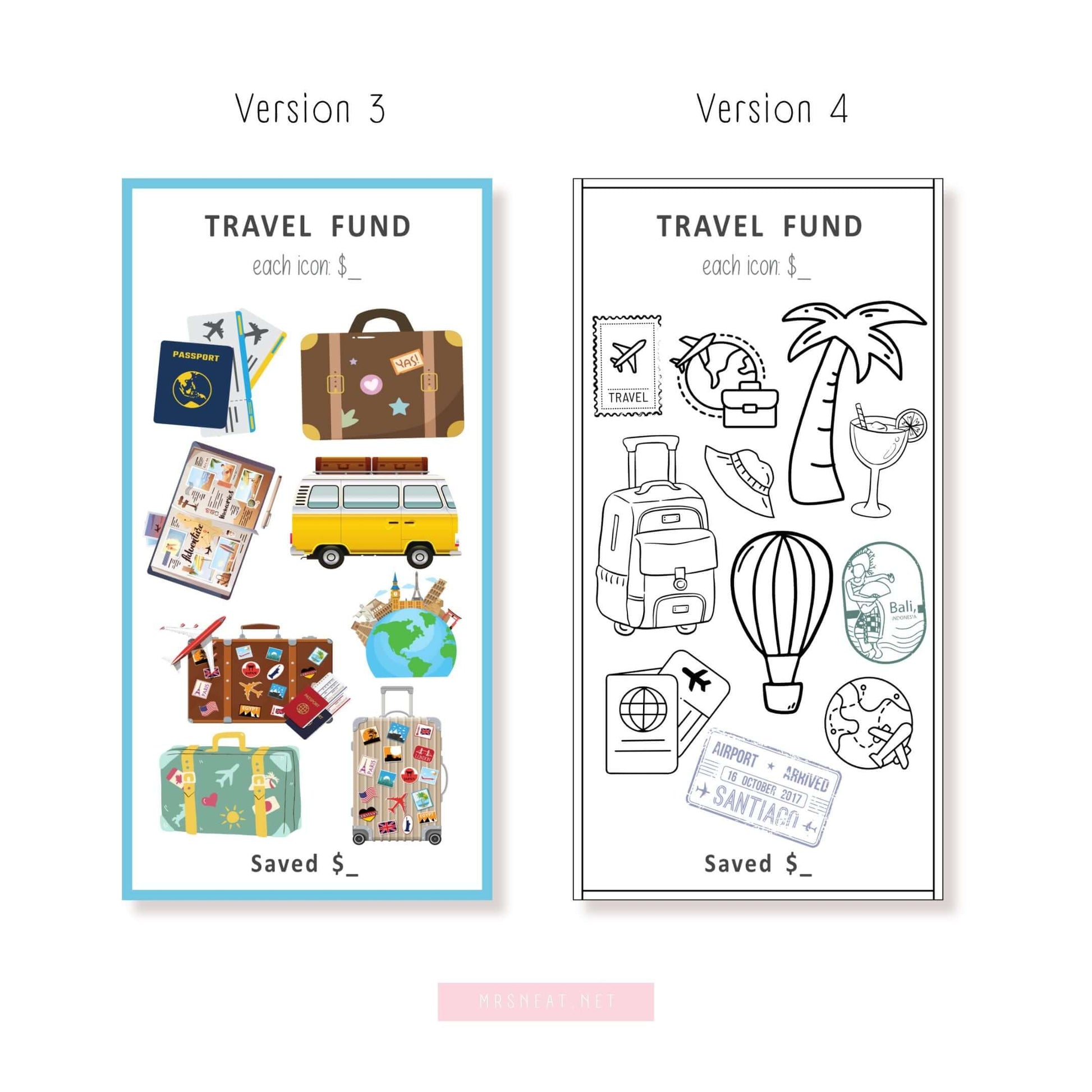 Travel Fund Savings Challenge, Printable, A6, Colorful, PDF, 6 versions