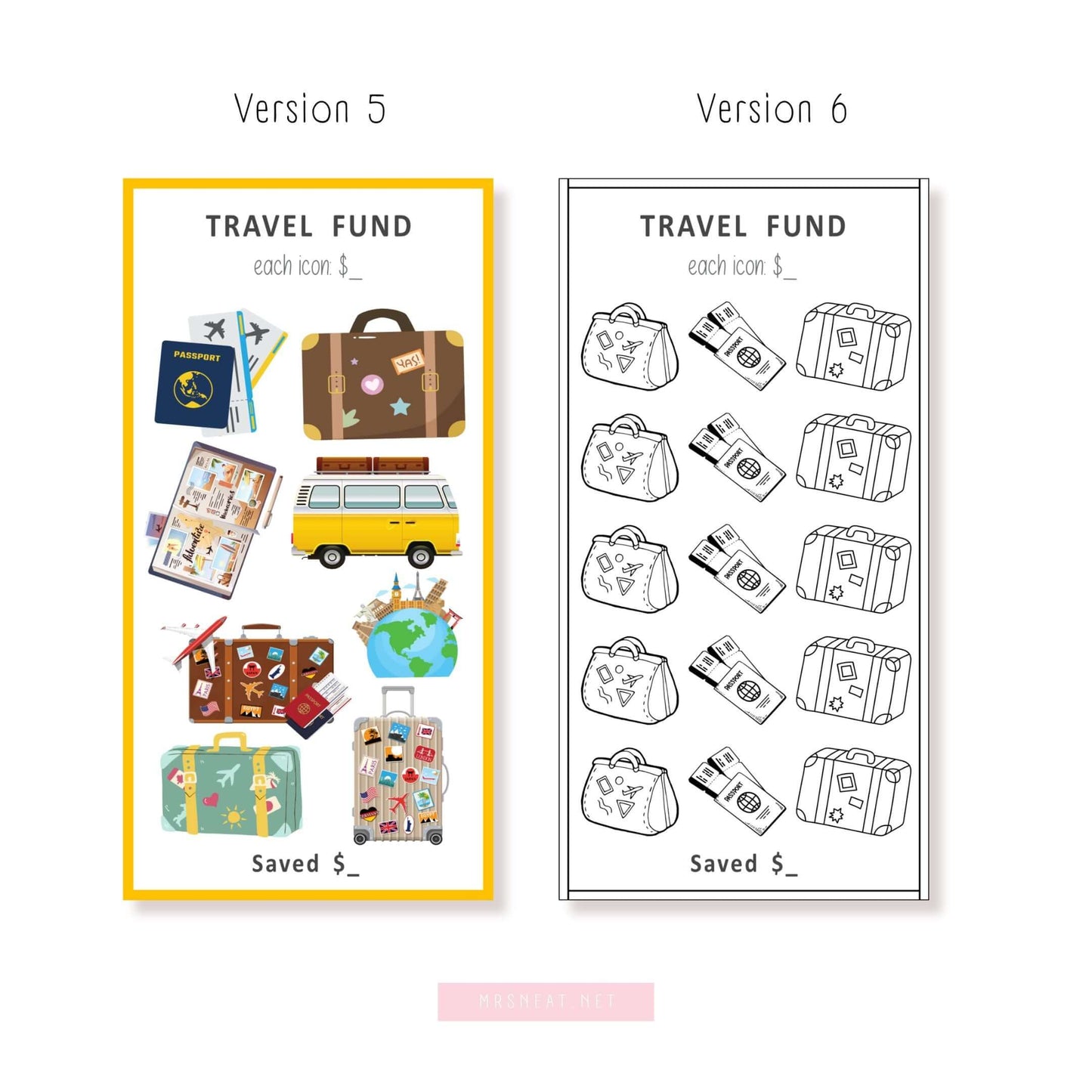 Travel Fund Savings Challenge, Printable, A6, Colorful, PDF, 6 versions