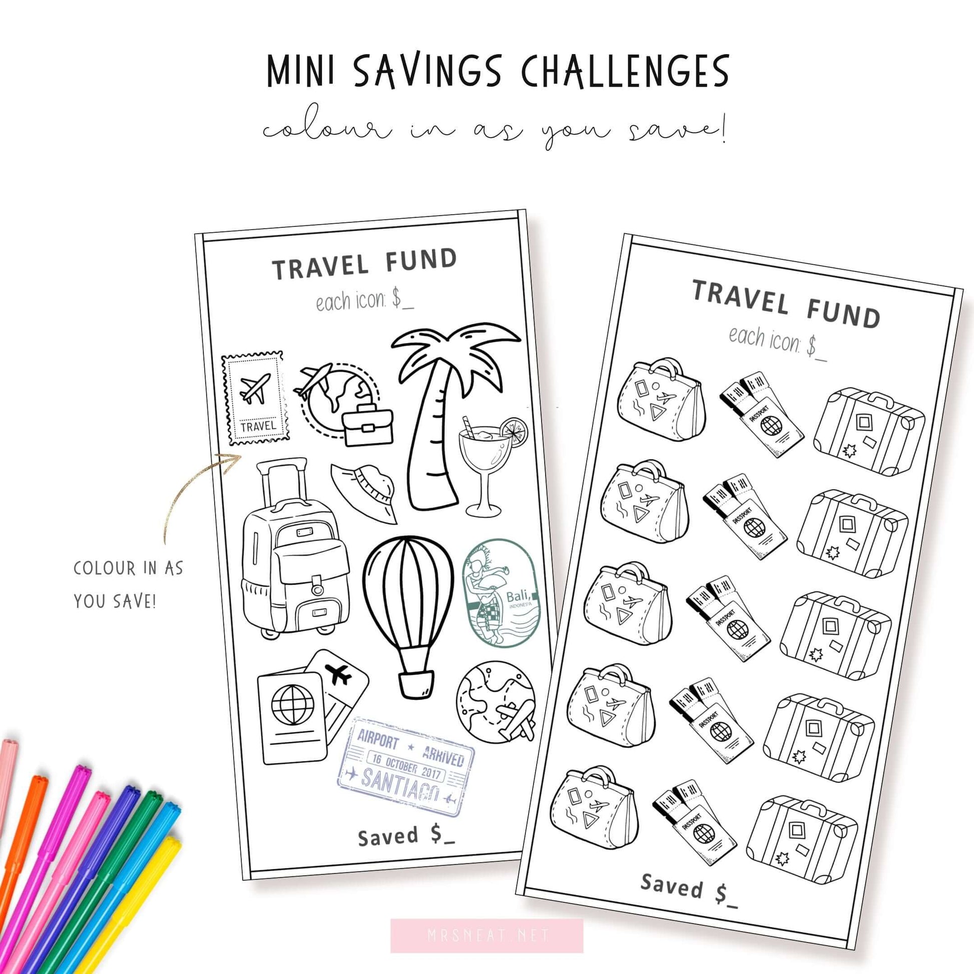 Travel Fund Savings Challenge, Printable, A6, Colorful, PDF, 6 versions