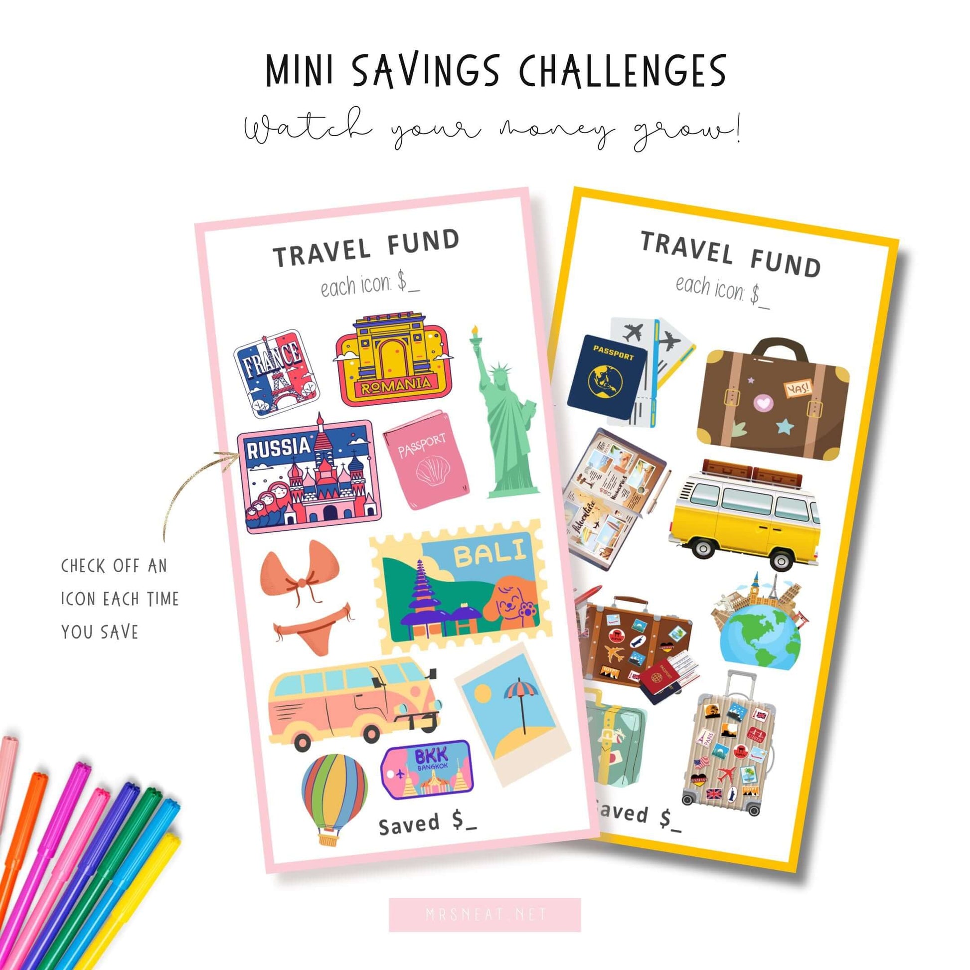 Travel Fund Savings Challenge, Printable, A6, Colorful, PDF, 6 versions