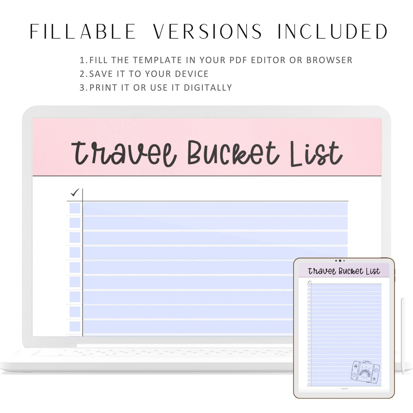 6 colors Travel Bucket List Template Printable