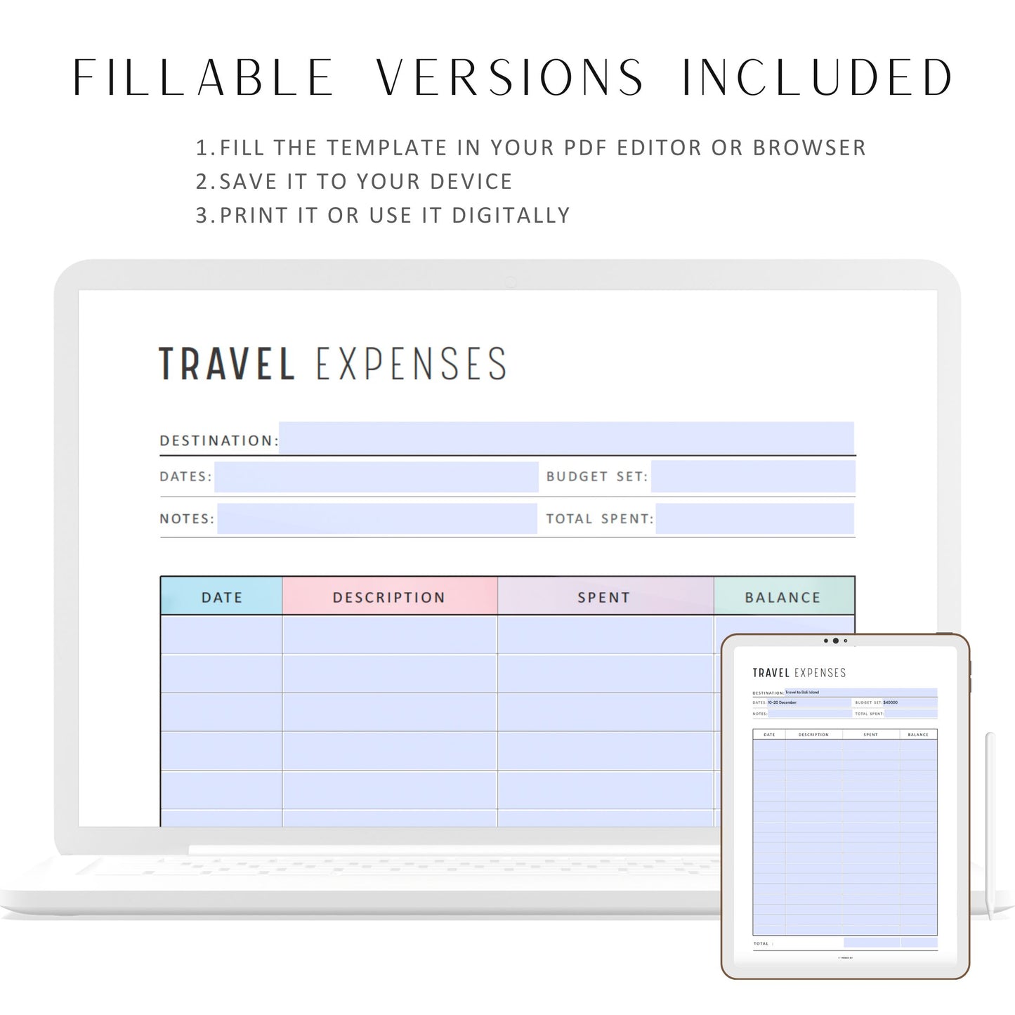 Travel Expense Tracker, Printable, A4, A5, Letter, Half Letter, Digital Planner, 2 Colors