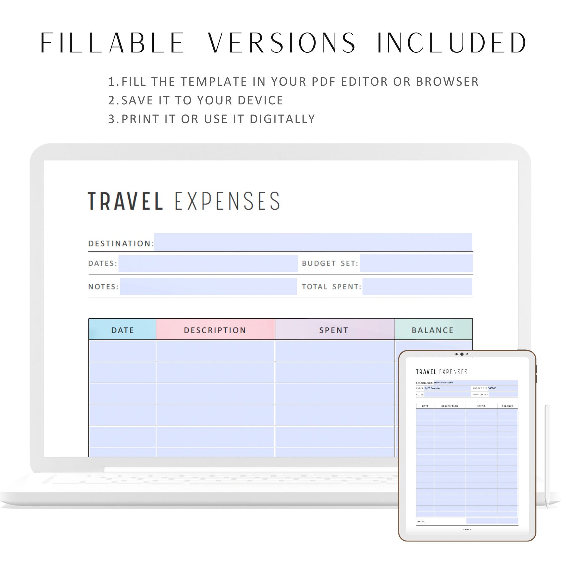 Travel Expense Tracker, Printable, A4, A5, Letter, Half Letter, Digital Planner, 2 Colors