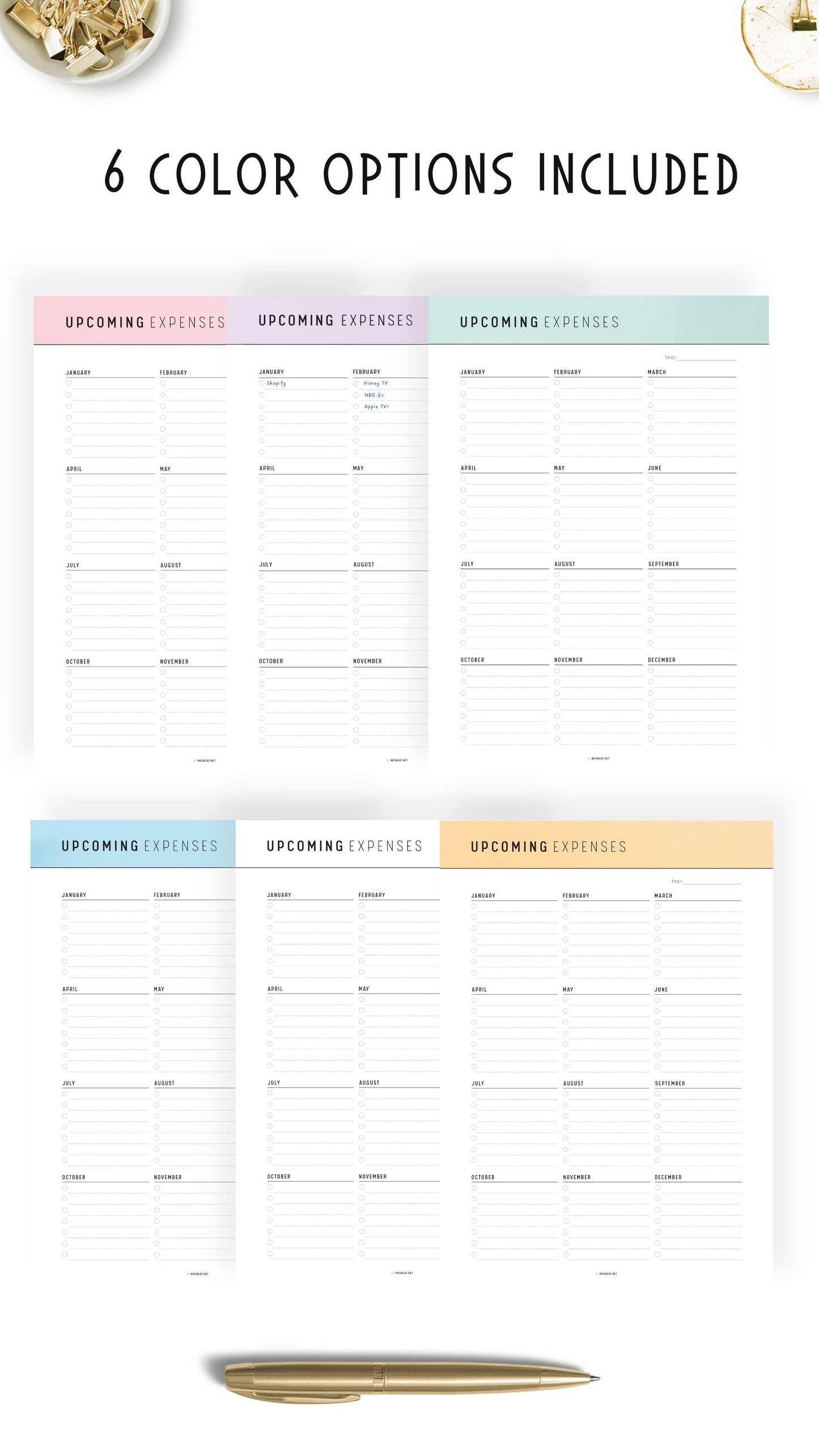 6 colors Upcoming Expenses Template Printable