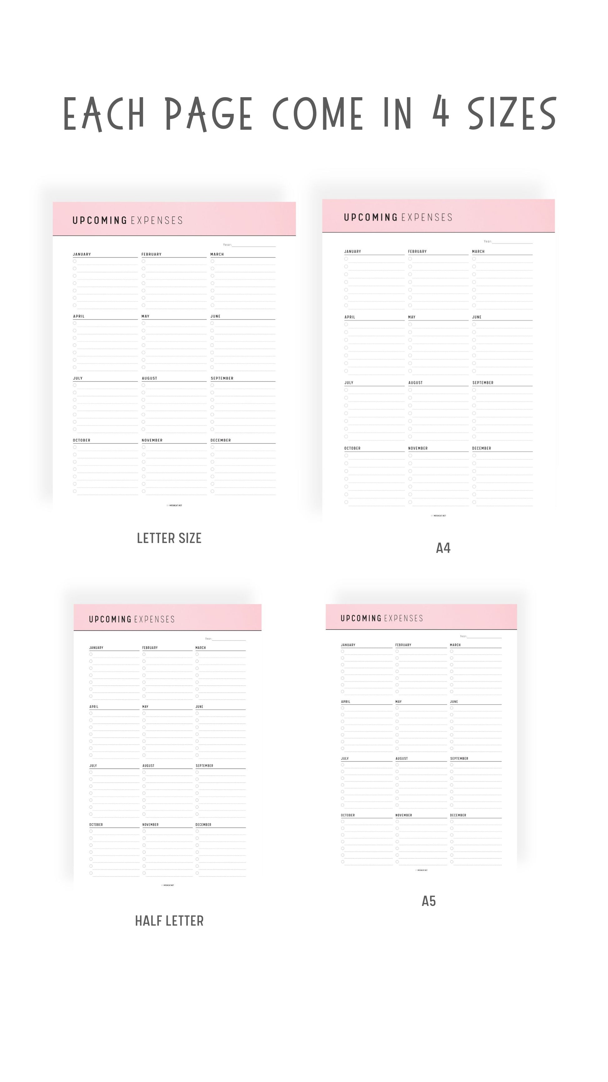 A4, A5, Letter, Half Letter Upcoming Expenses Template Printable