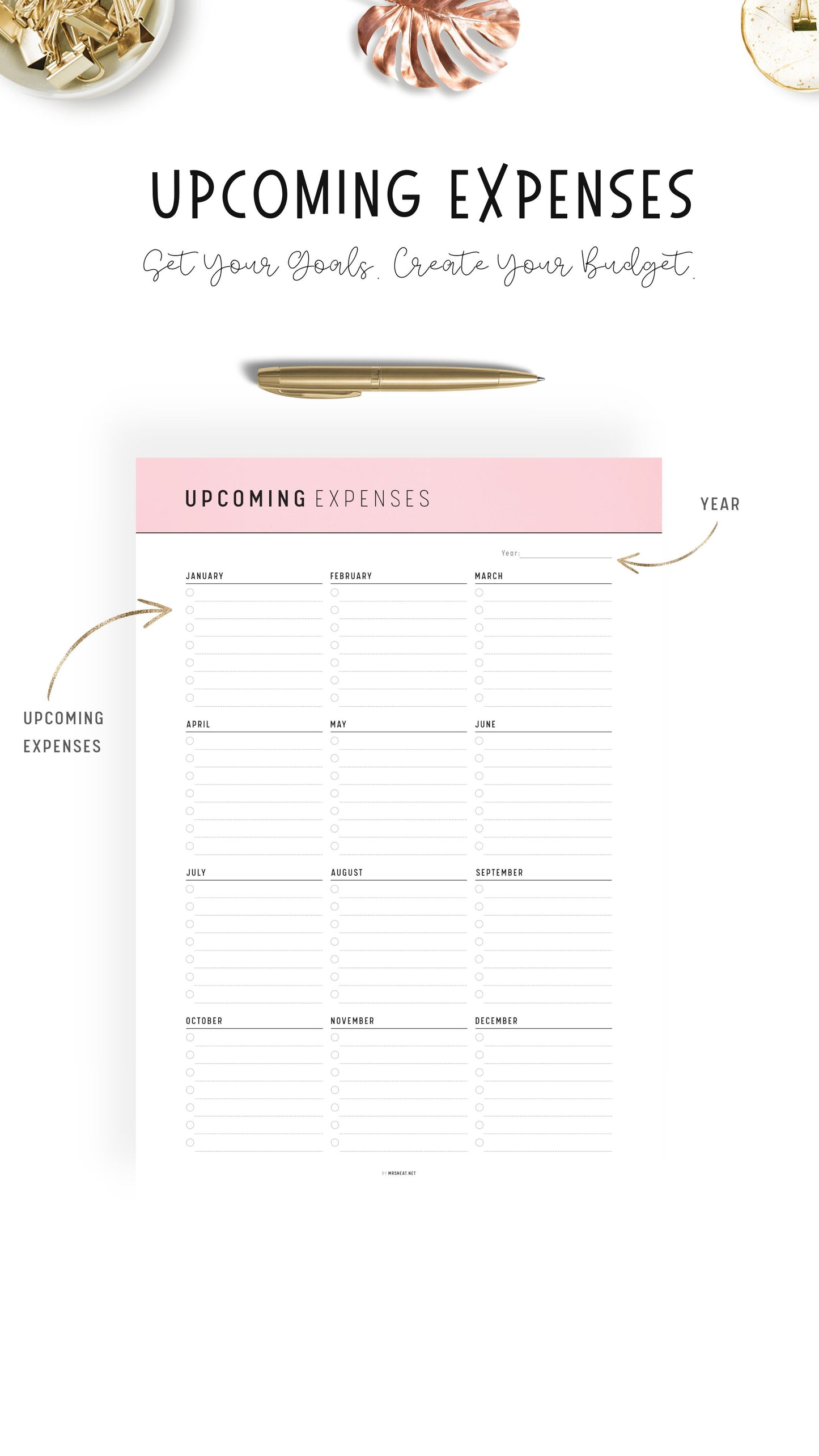 Pink Upcoming Expenses Template Printable