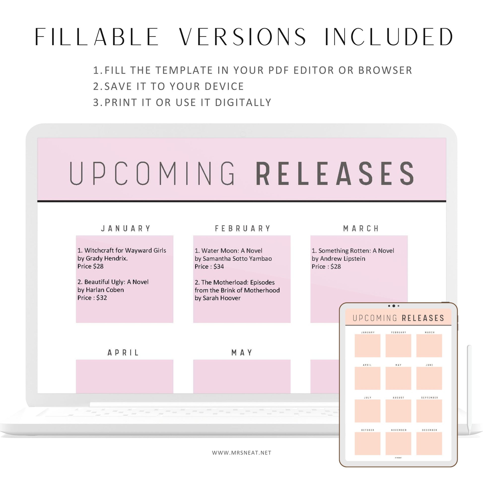 Upcoming Releases Books Template Printable, Upcoming Books List Page, Releases Book List, Reading Log, A4, A5, Letter, Half Letter, 5 Colors