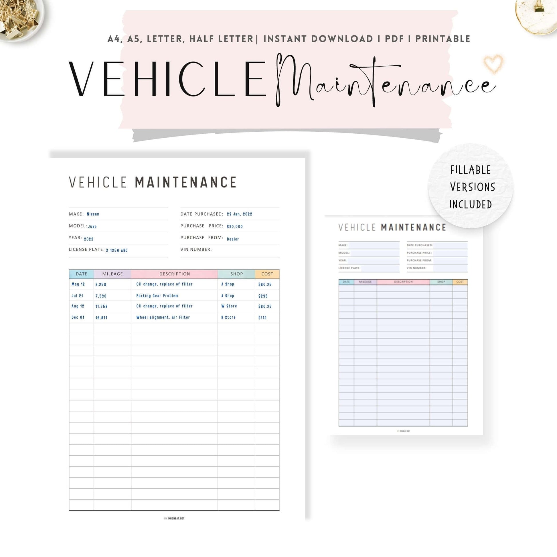 Colorful Vehicle Maintenance Printable, A4, A5, Letter, Half Letter, PDF Fillable