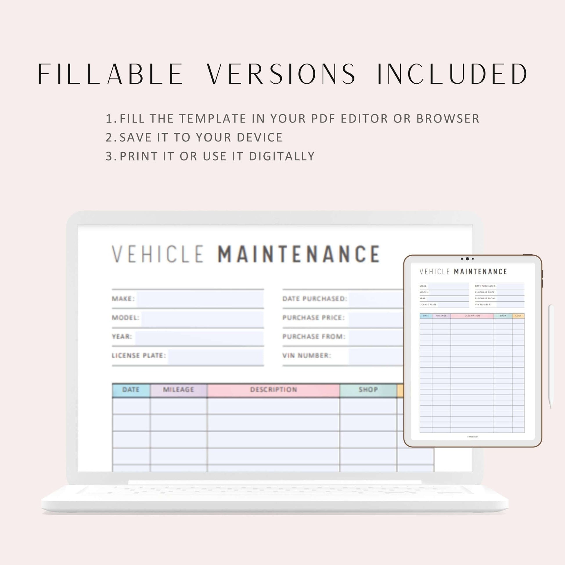 Colorful Vehicle Maintenance Printable, A4, A5, Letter, Half Letter, PDF Fillable