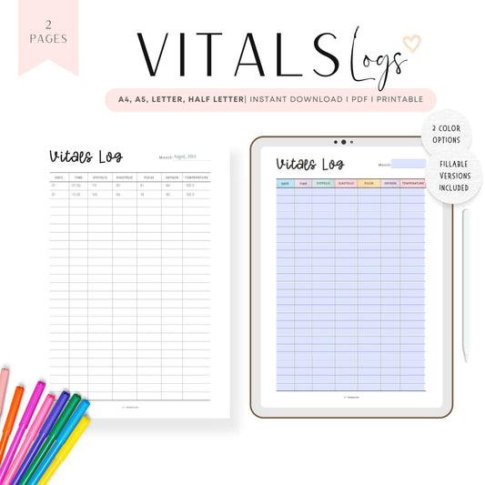 Printable Vitals Log Template, Vitals Log Planner Printable, A4, A5, Letter, Half Letter, PDF Fillable Vitals Record Log, Digital Health Tracker Planner, Colorful Planner, Aesthetic Planner