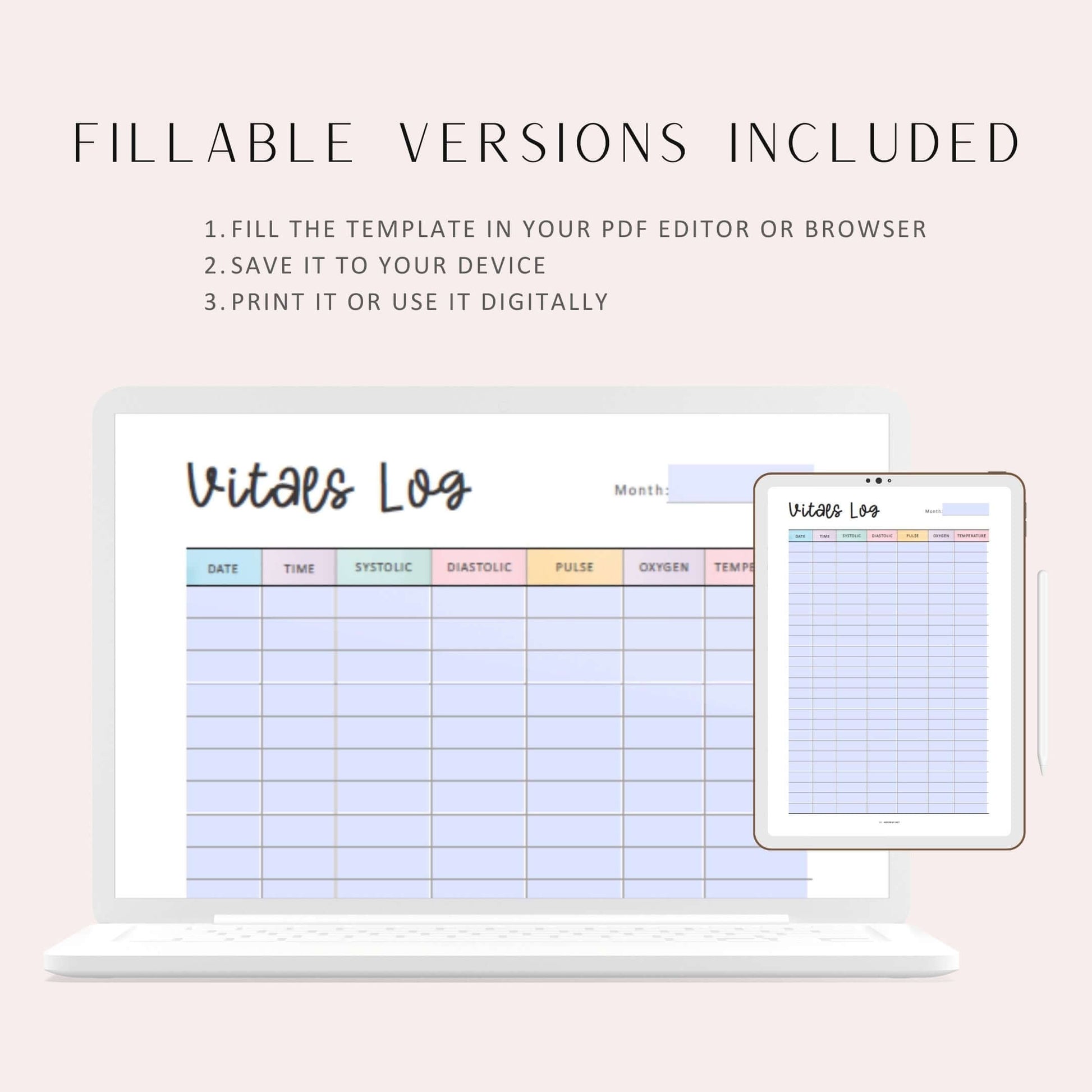 Printable Vitals Log Template, Vitals Log Planner Printable, A4, A5, Letter, Half Letter, PDF Fillable Vitals Record Log, Digital Health Tracker Planner, Colorful Planner, Aesthetic Planner