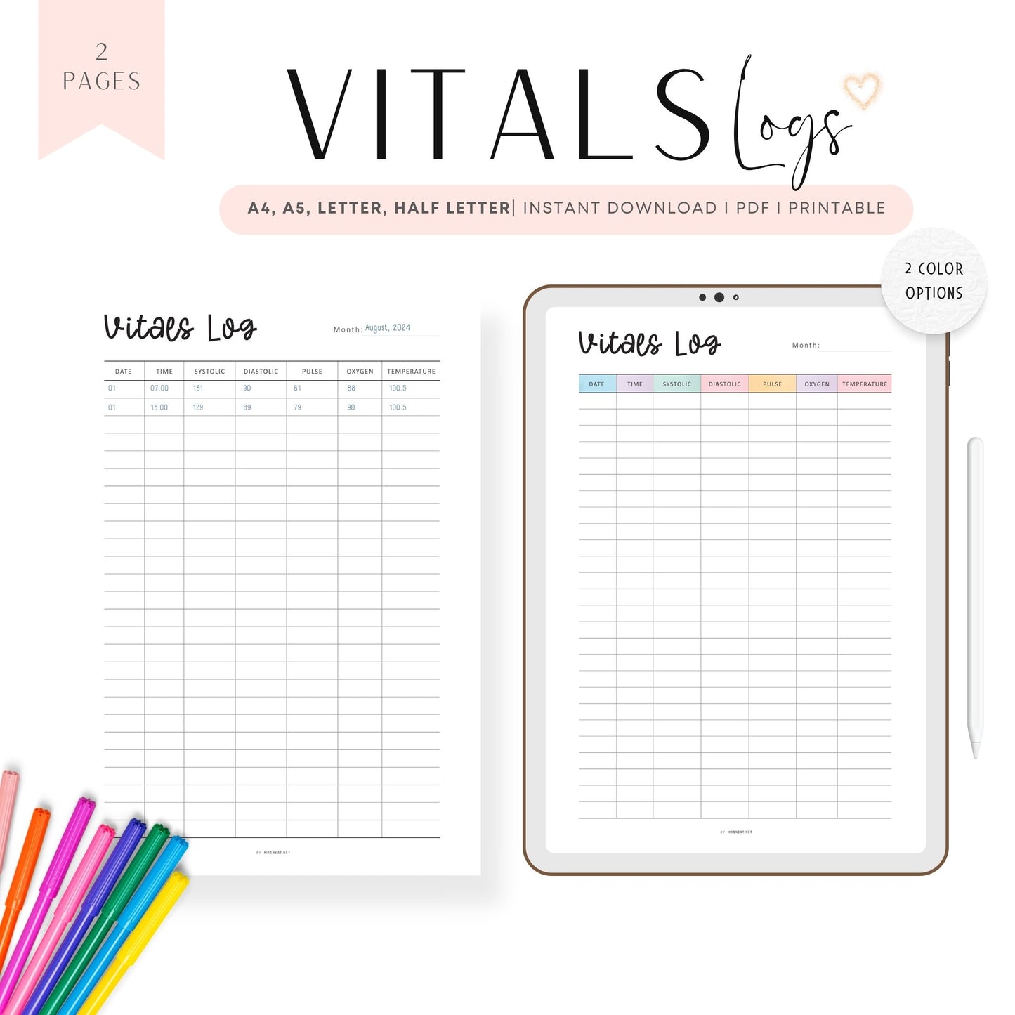 Printable Vitals Log Template, vital signs record sheet pdf, 2 colors