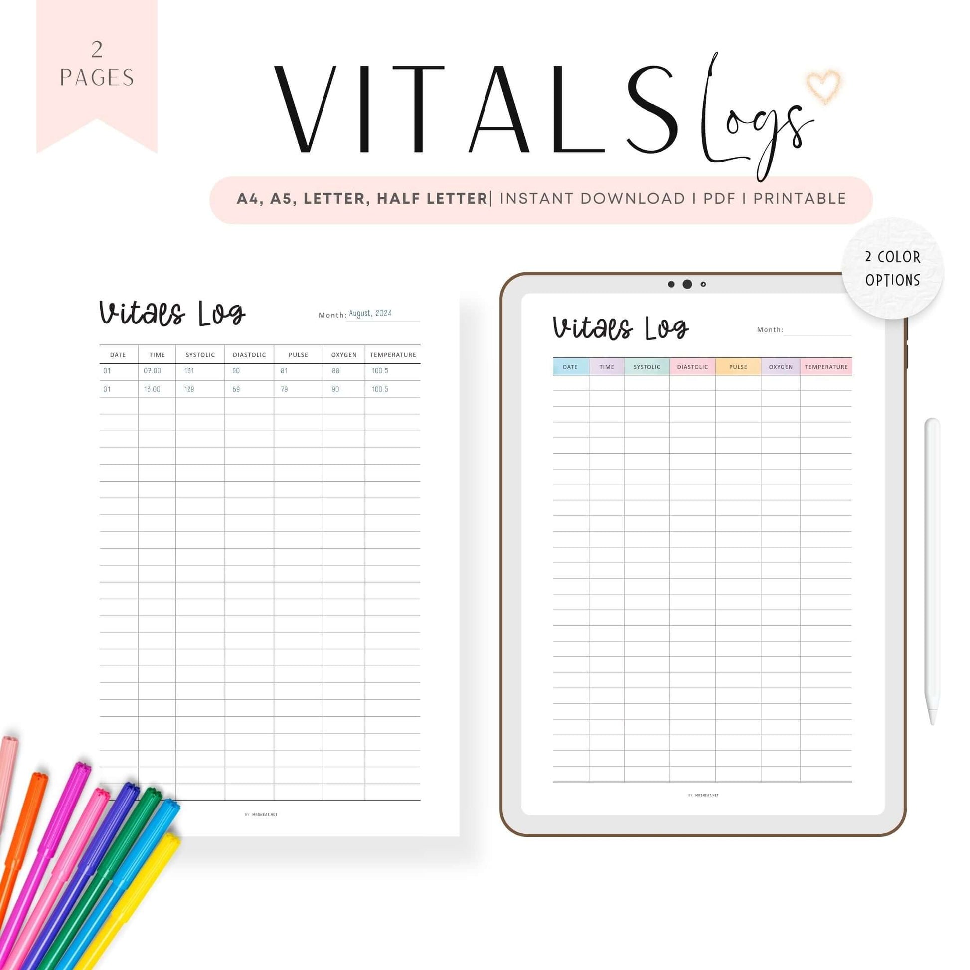 Printable Vitals Log Template, vital signs record sheet pdf, 2 colors