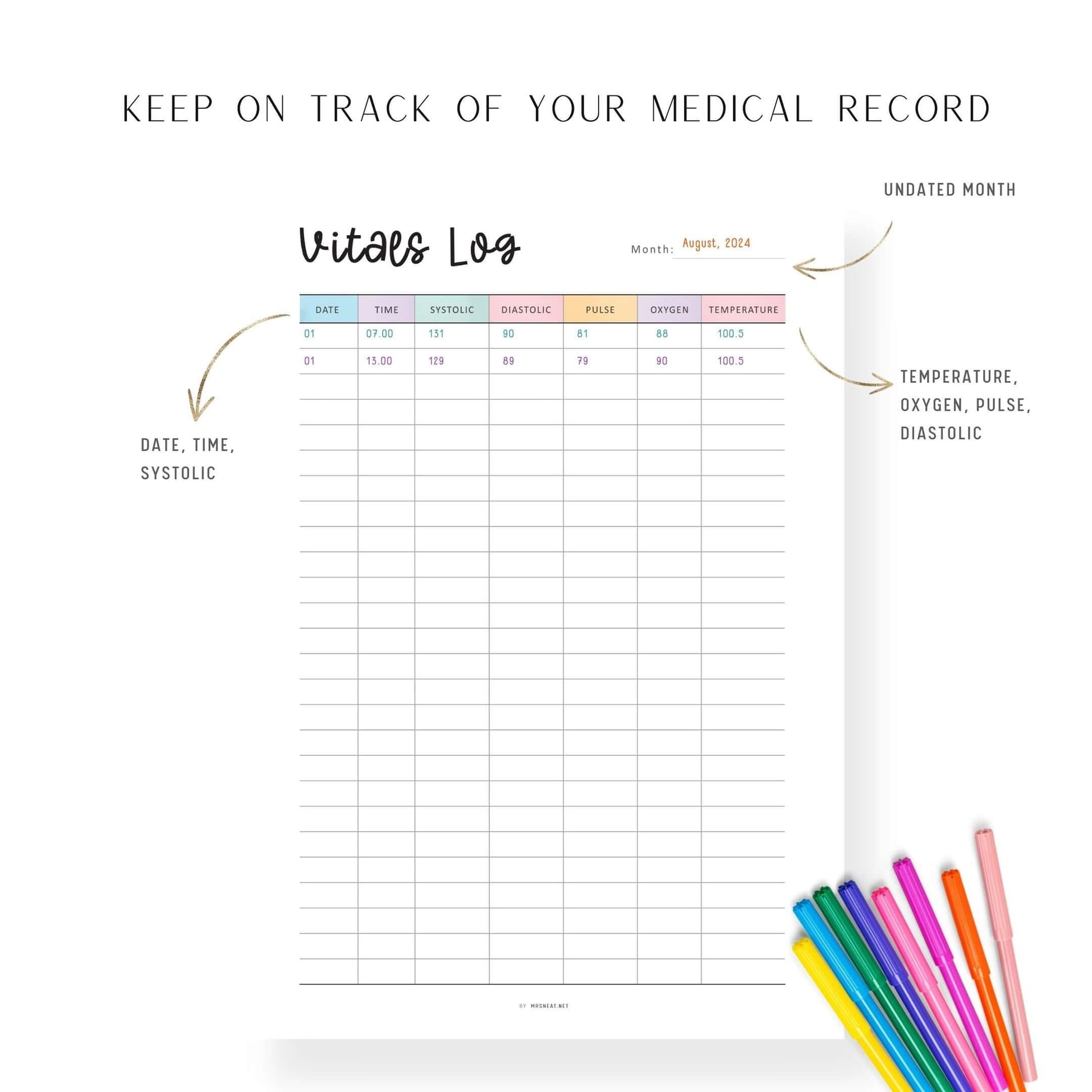 Printable Vitals Log Template, vital signs record sheet pdf, 2 colors