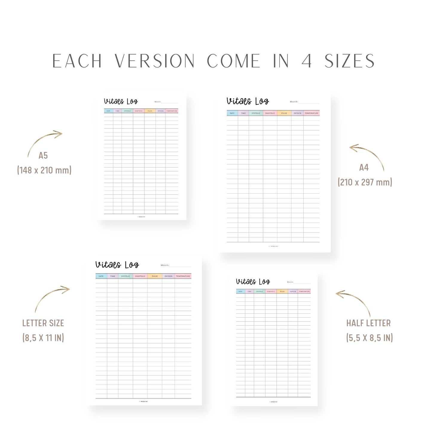 A4, A5, Letter, Half Letter Vitals Log Template Printable, vital signs record sheet pdf, 2 colors