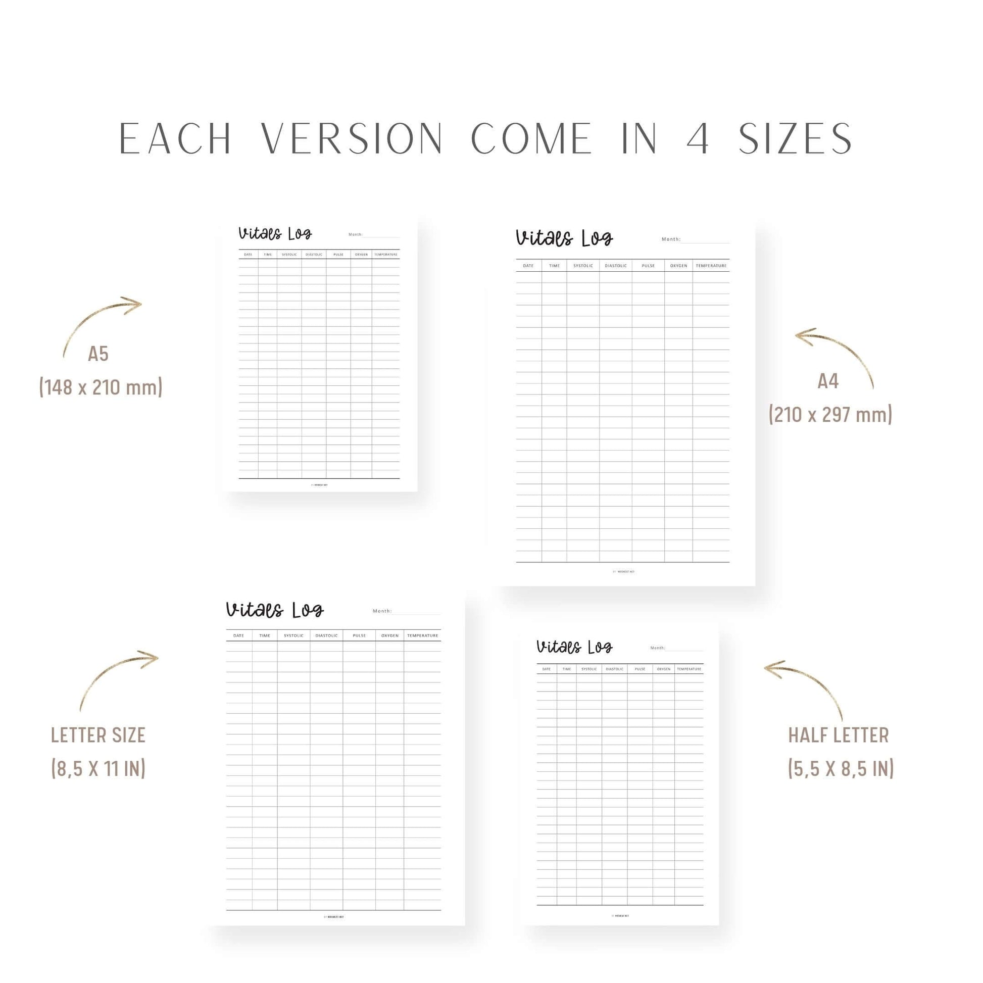 A4, A5, Letter, Half Letter Vitals Log Template Printable, vital signs record sheet pdf, 2 colors