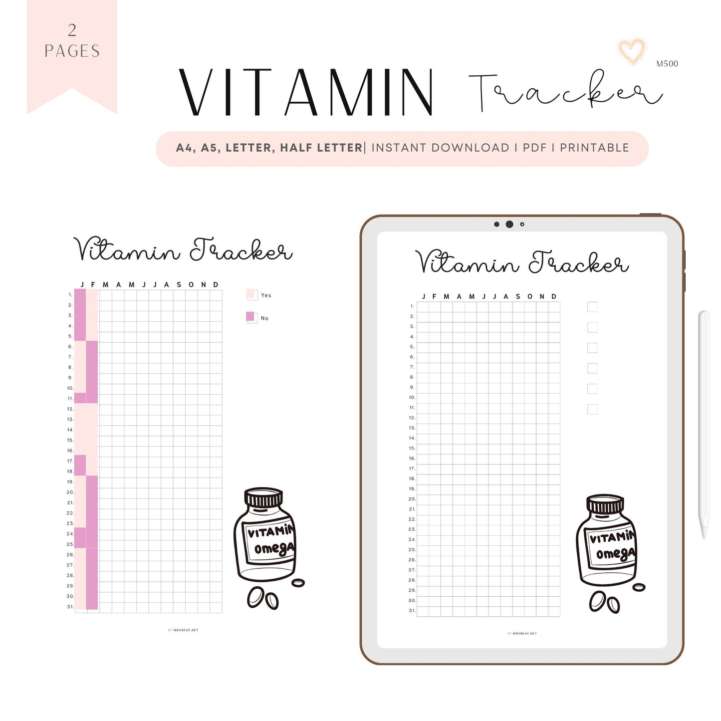 Vitamin Tracker Printable PDF, A4, A5, Letter, Half Letter, Digital Planner, Minimalist Vitamin Tracker Planner, 2 version : Pre-filled & Blank