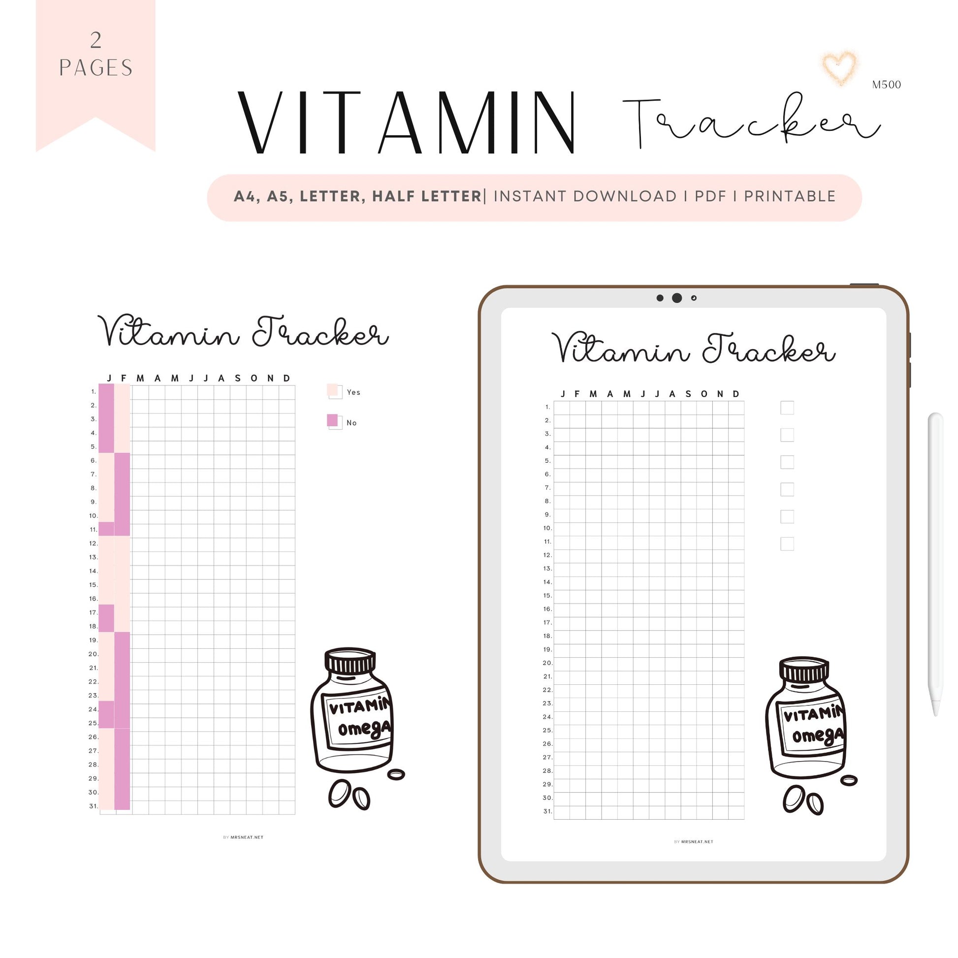 Vitamin Tracker Printable PDF, A4, A5, Letter, Half Letter, Digital Planner, Minimalist Vitamin Tracker Planner, 2 version : Pre-filled & Blank