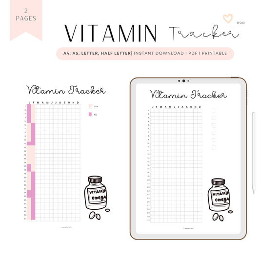 Vitamin Tracker Printable PDF, A4, A5, Letter, Half Letter, Digital Planner, Minimalist Vitamin Tracker Planner, 2 version : Pre-filled & Blank